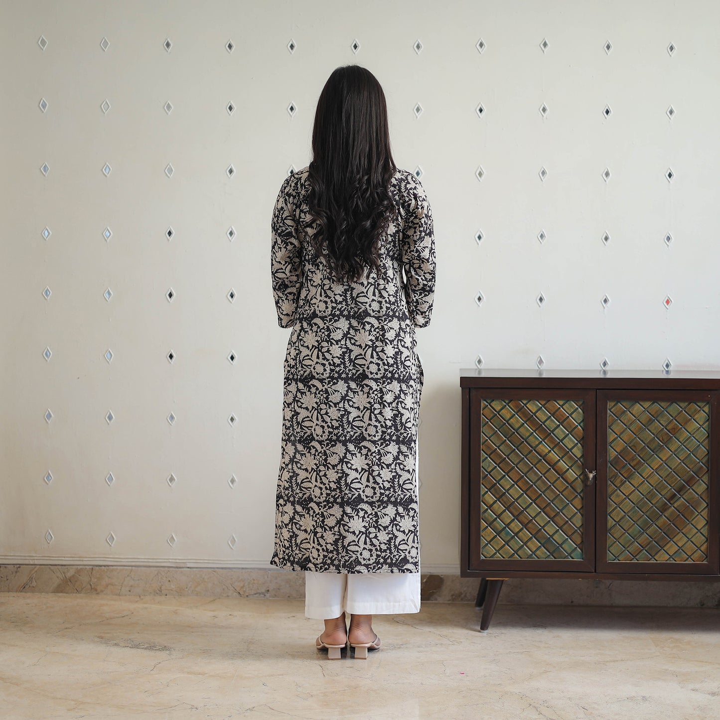 Black Block Printed Cotton Gota Work Long Bagru Kurta