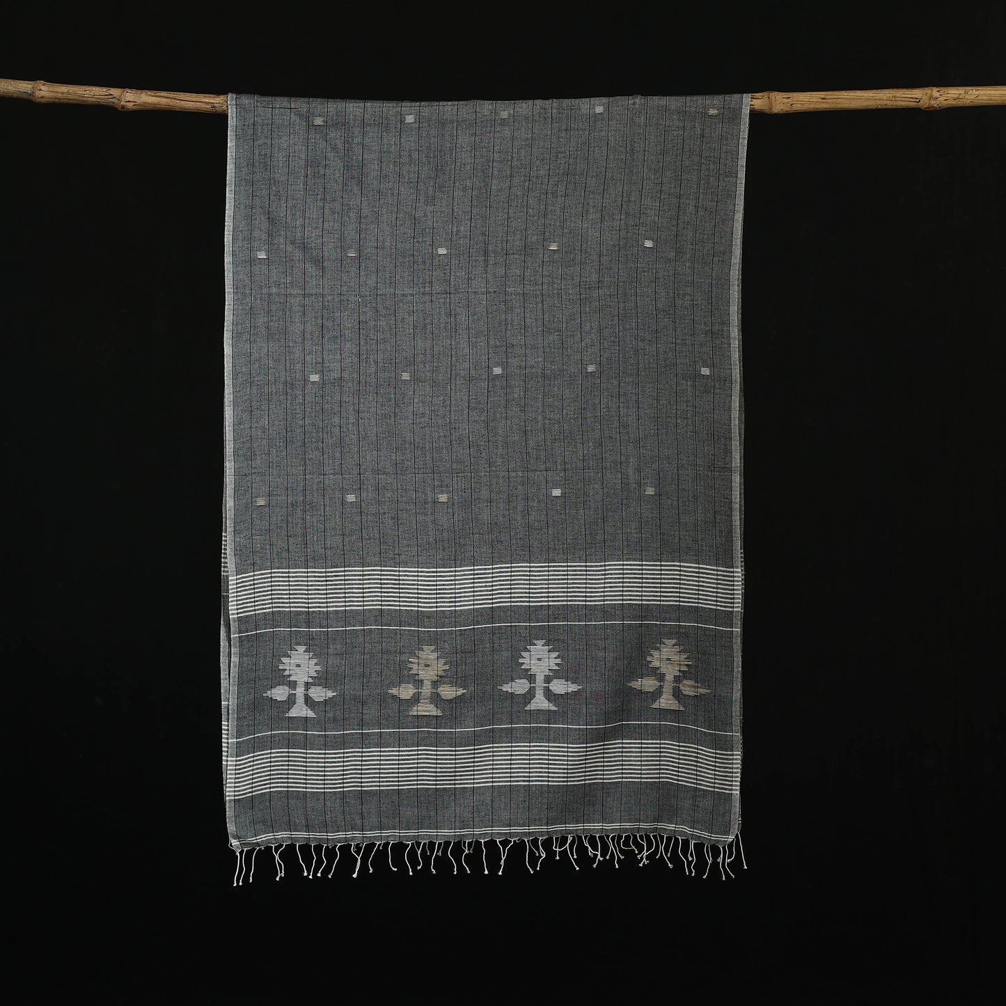 Grey - Burdwan Jamdani Handloom Cotton Stole with Tassels 11