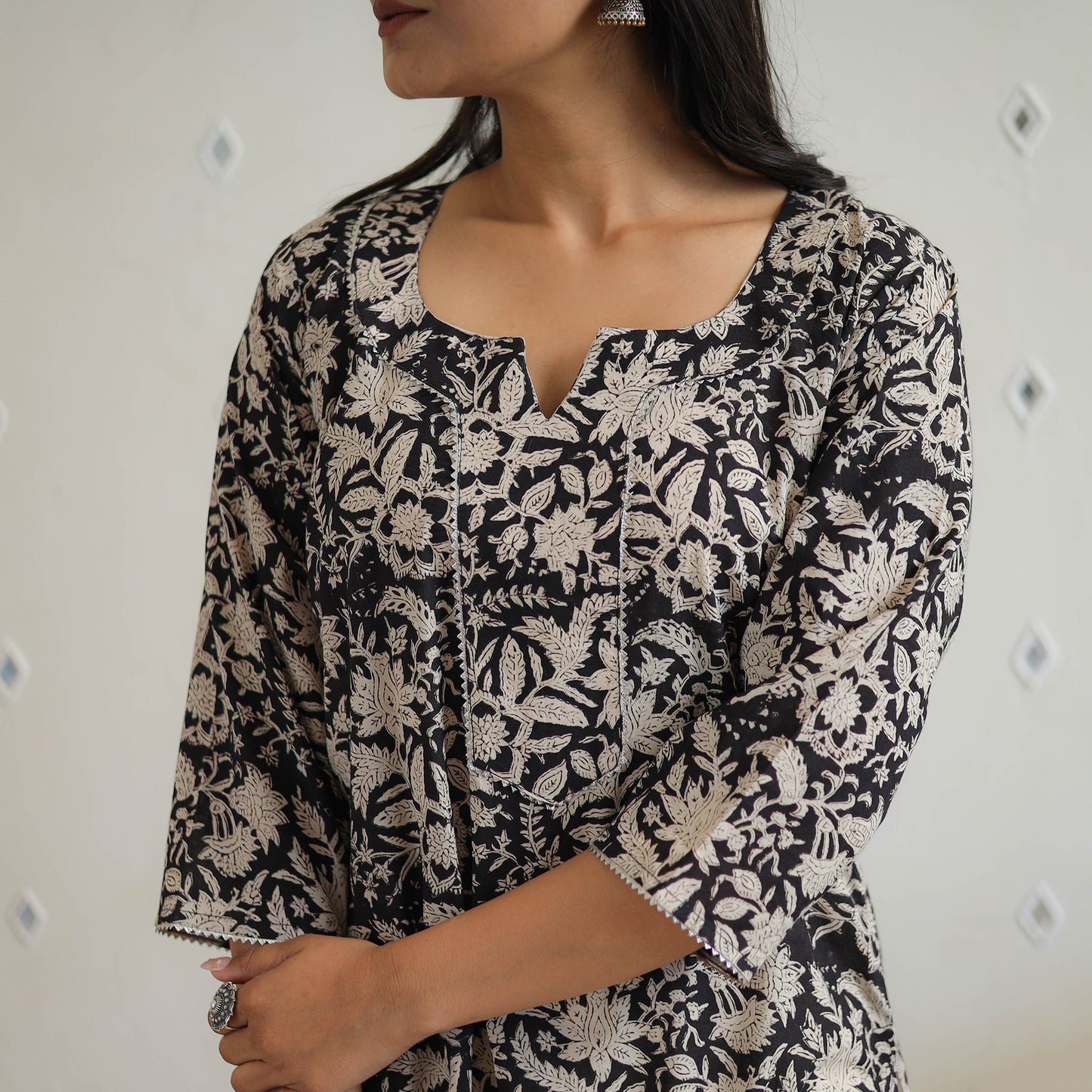Black Block Printed Cotton Gota Work Long Bagru Kurta