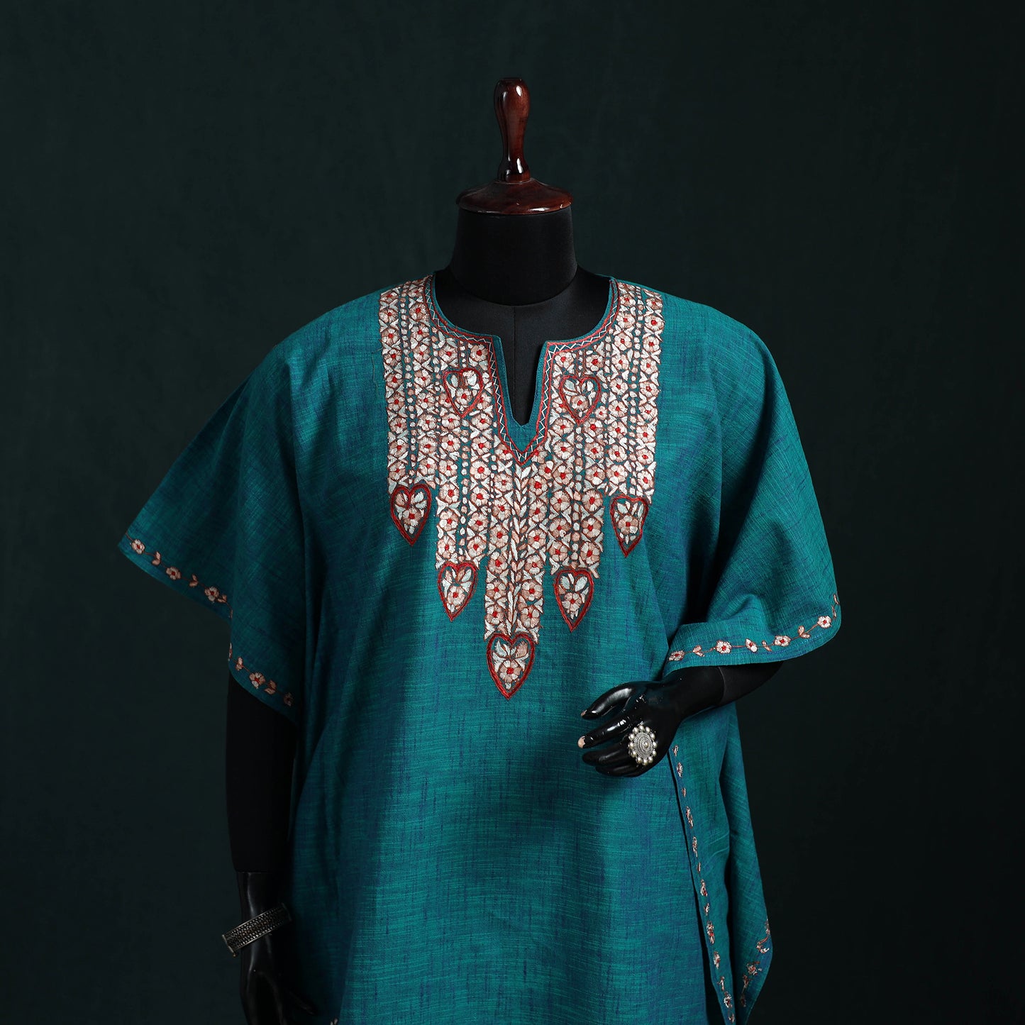 Blue - Kashmiri Kashida Hand Embroidered Cotton Kaftan (Medium) 03