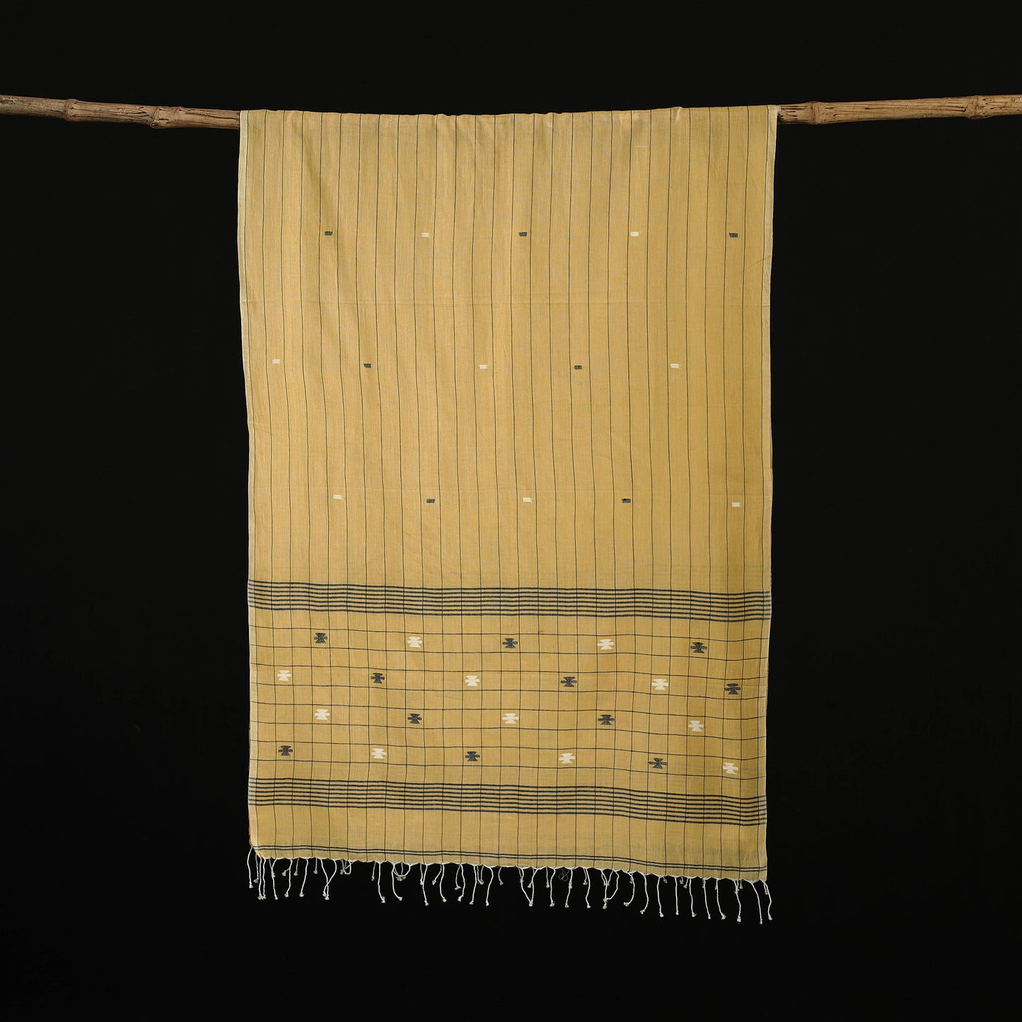 Yellow - Burdwan Jamdani Handloom Cotton Stole with Tassels 13