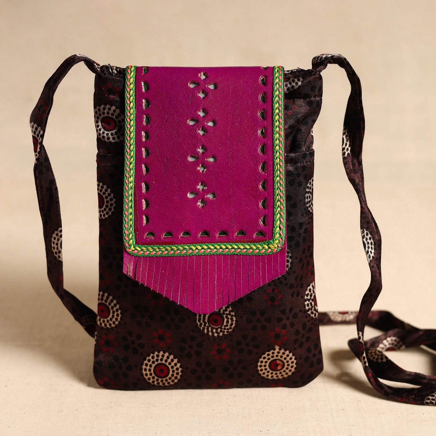 Traditional Kutch Mashru Silk Leather Flap Sling Bag 67
