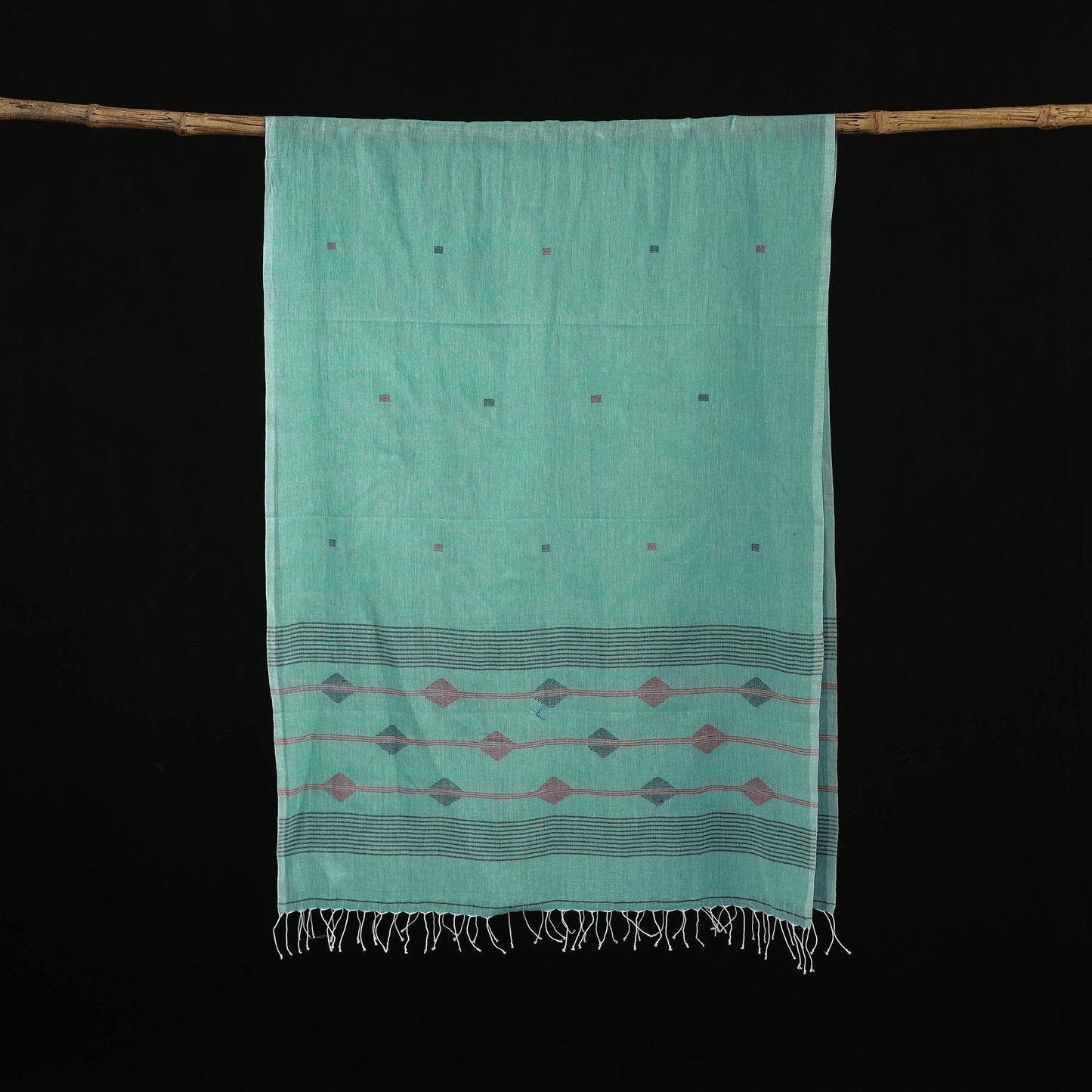Green - Burdwan Jamdani Handloom Cotton Stole with Tassels 15