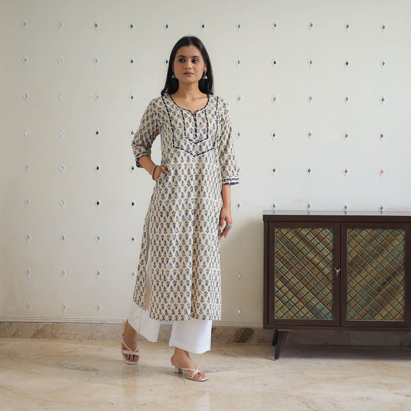 Beige Block Print Cotton Gota Work Long Ajrakh Kurta for Women