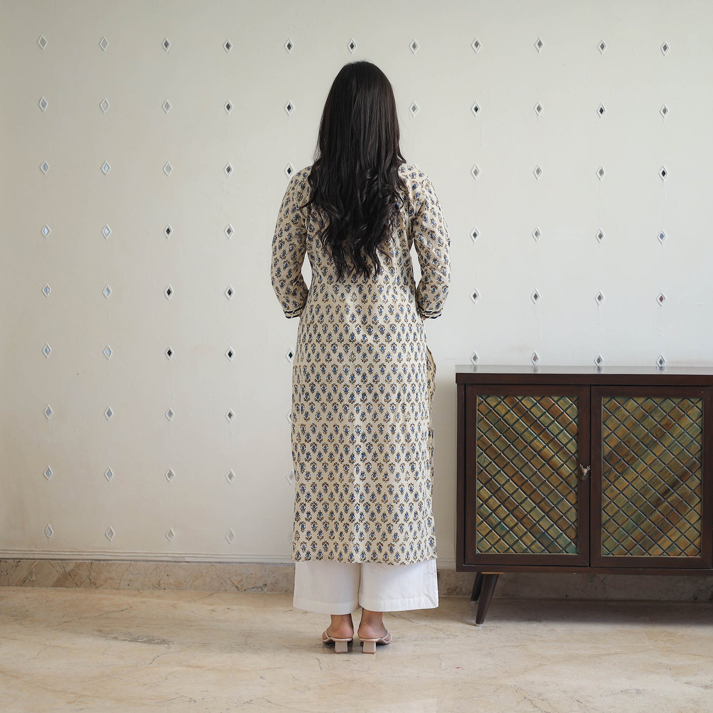 Beige Block Print Cotton Gota Work Long Ajrakh Kurta for Women