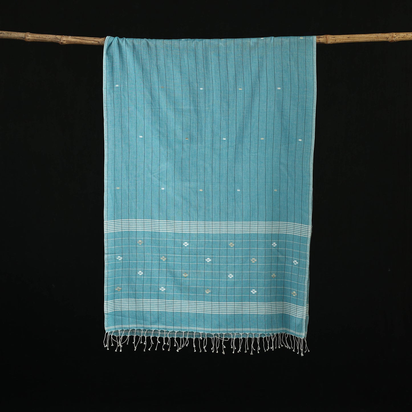 Blue - Burdwan Jamdani Handloom Cotton Stole with Tassels 17