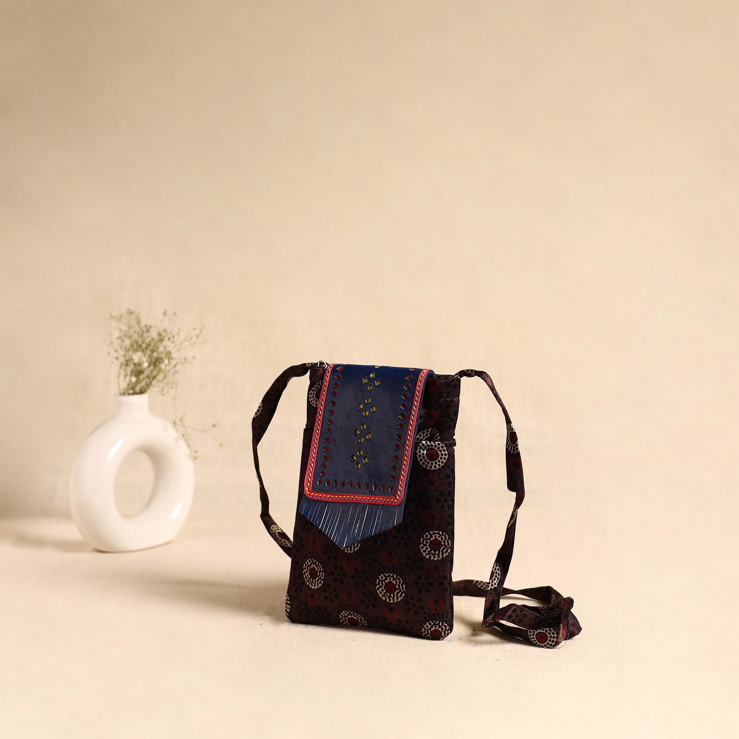 Traditional Kutch Mashru Silk Leather Flap Sling Bag 68