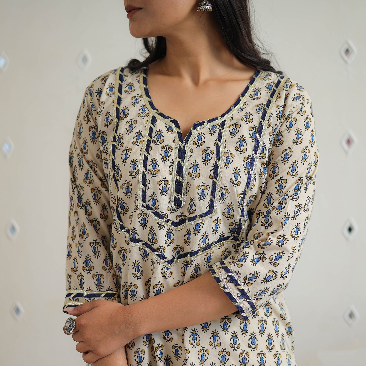 Beige Block Print Cotton Gota Work Long Ajrakh Kurta for Women