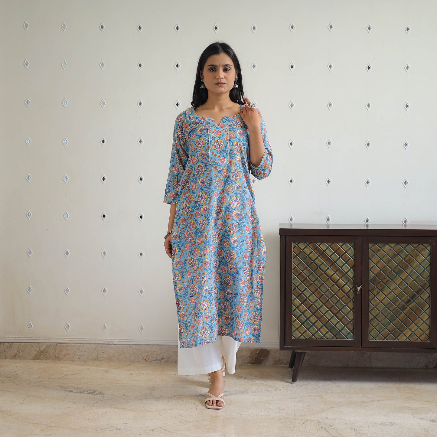 Blue Block Printed Cotton Gota Work Long Sanganeri Kurta for Women