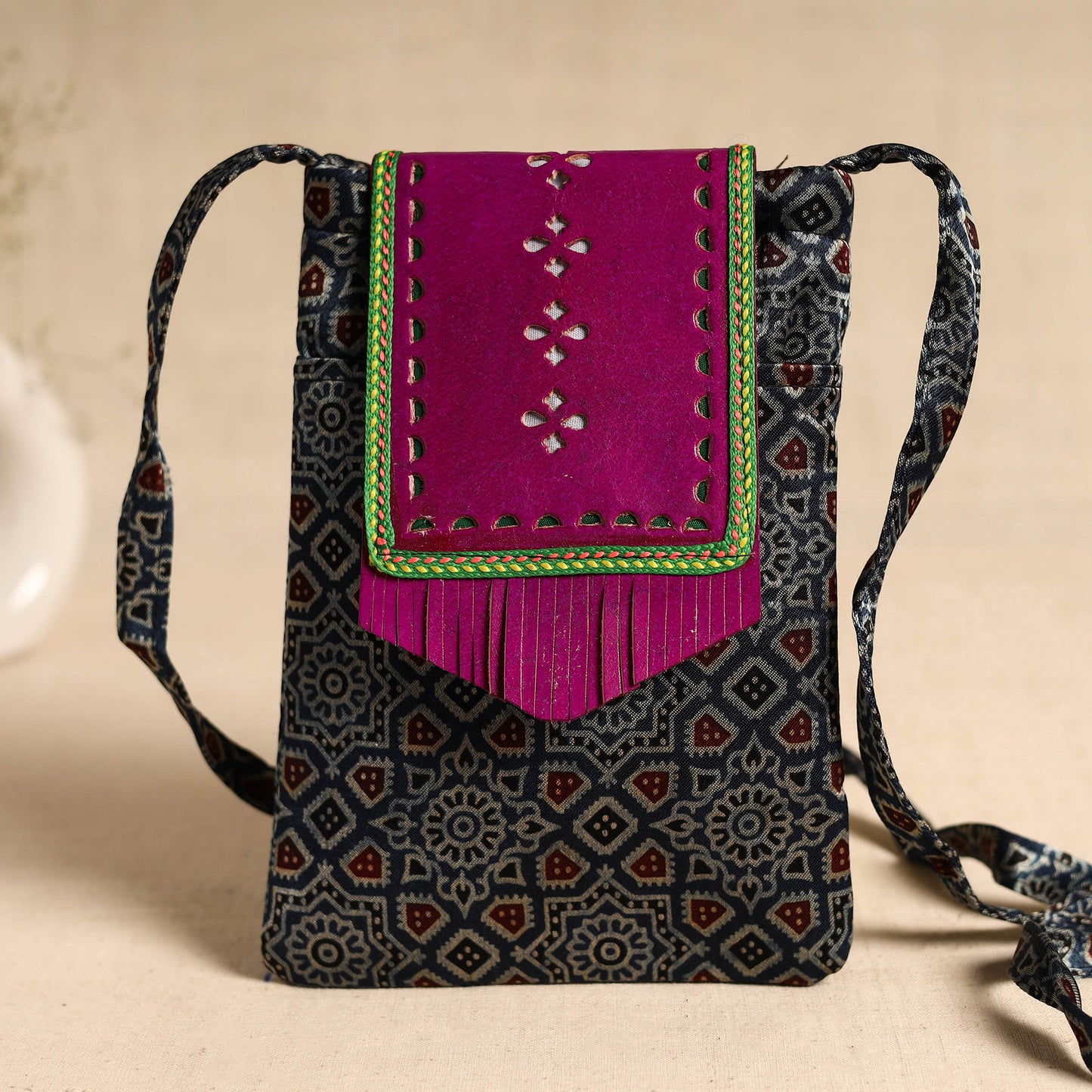 Traditional Kutch Mashru Silk Leather Flap Sling Bag 69