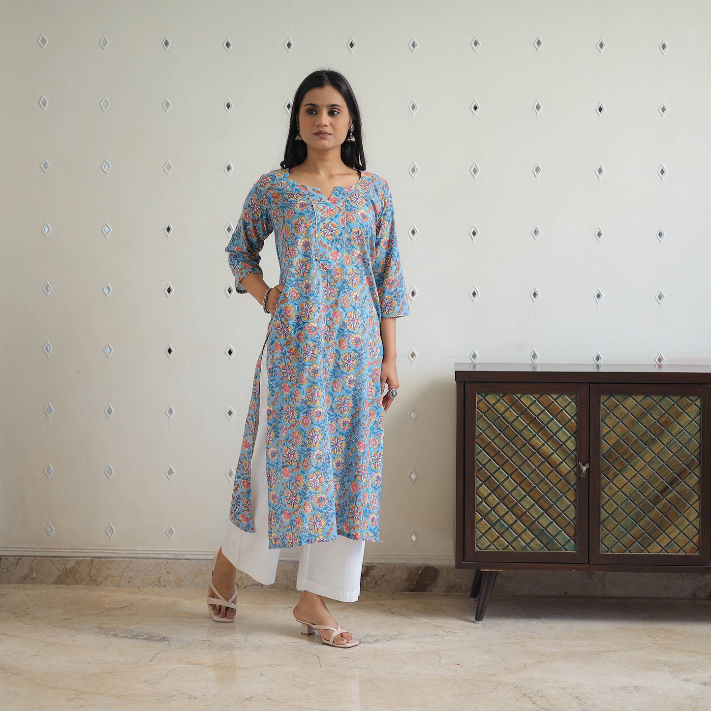 Blue Block Printed Cotton Gota Work Long Sanganeri Kurta for Women