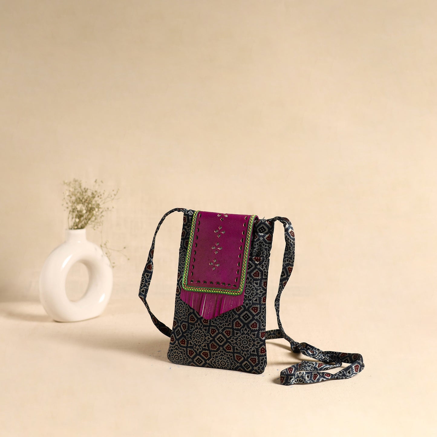 Traditional Kutch Mashru Silk Leather Flap Sling Bag 69