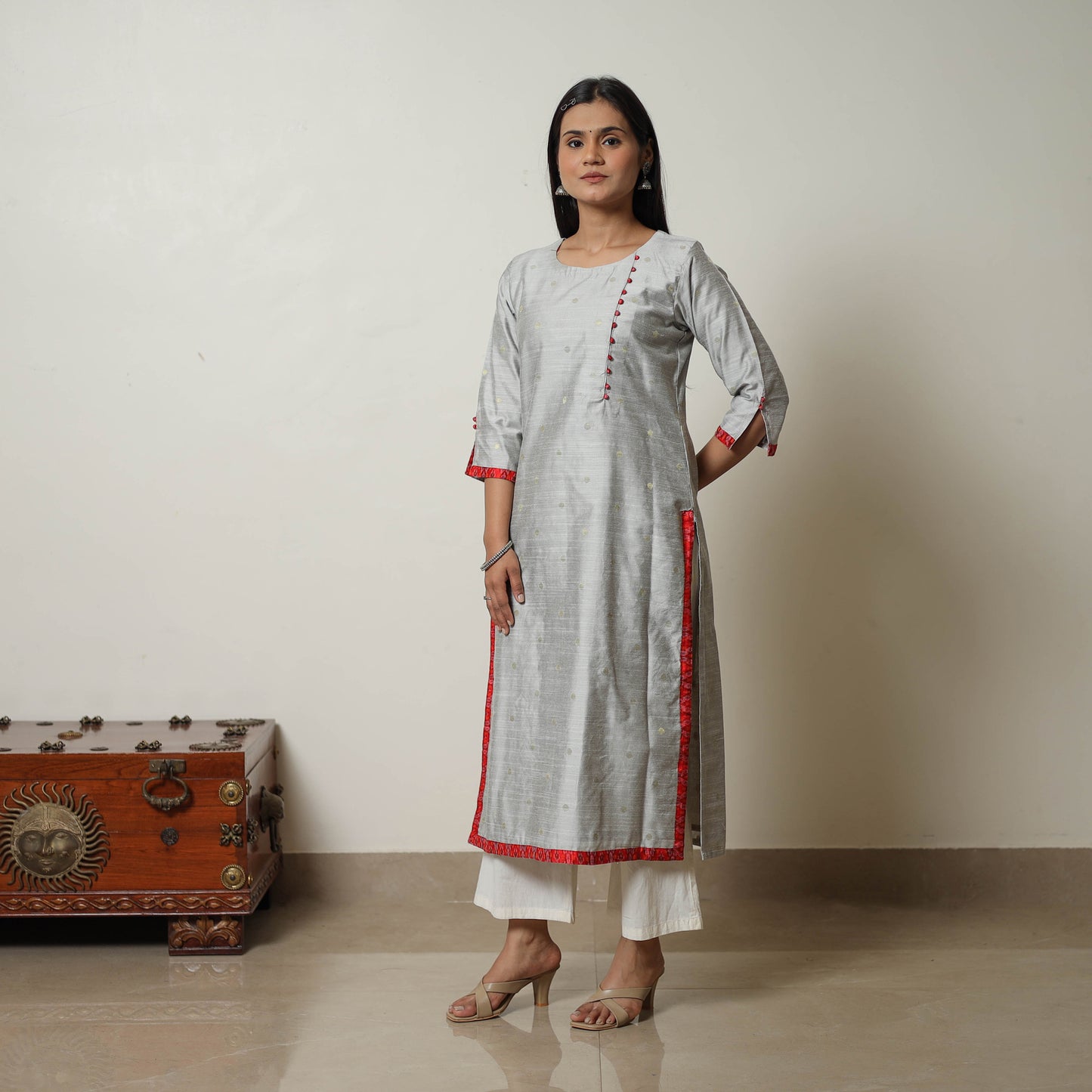 Grey - Polka Zari Butta Spun Dupion Silk Straight Plain Kurta 04