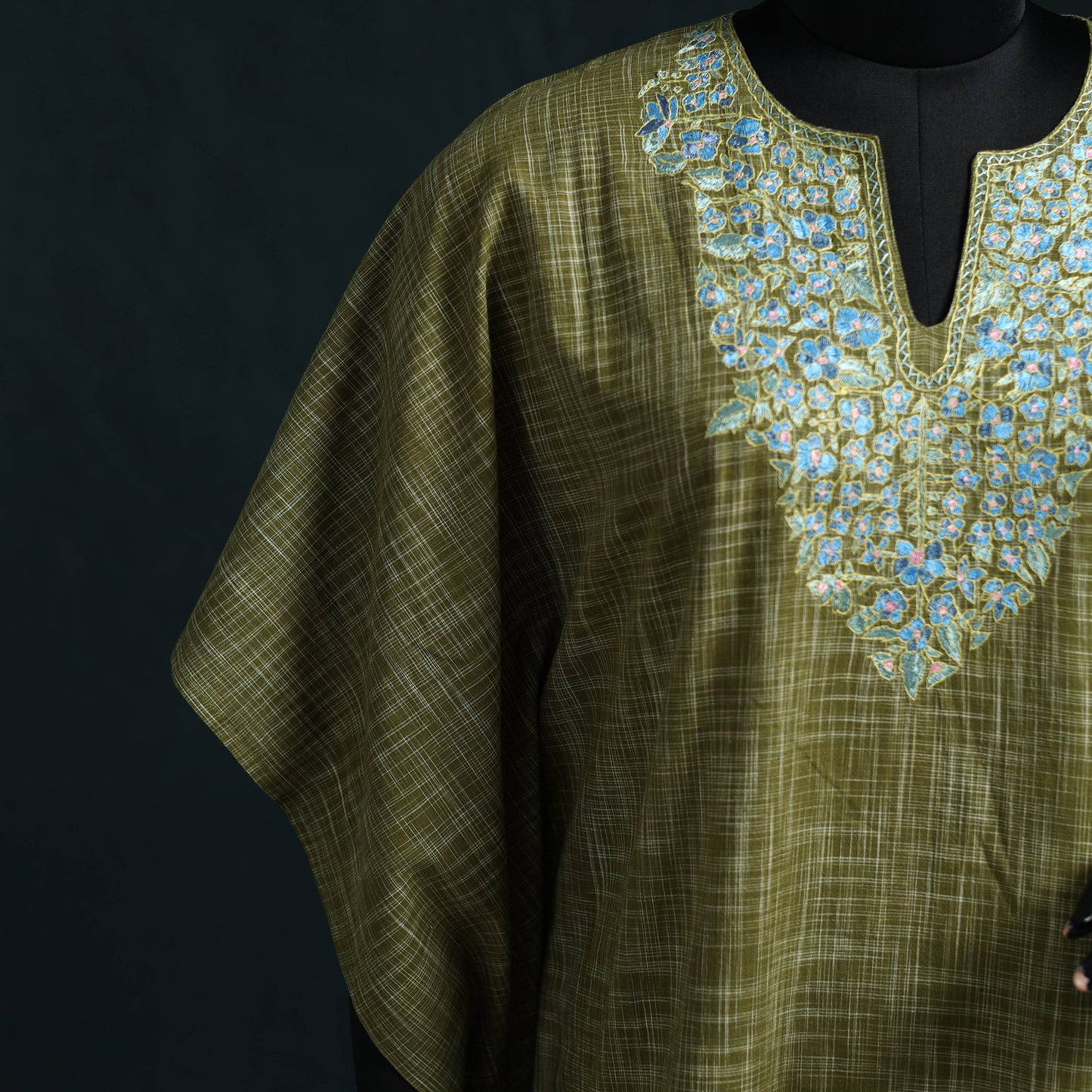 Green - Kashmiri Kashida Hand Embroidered Cotton Kaftan (Medium) 04