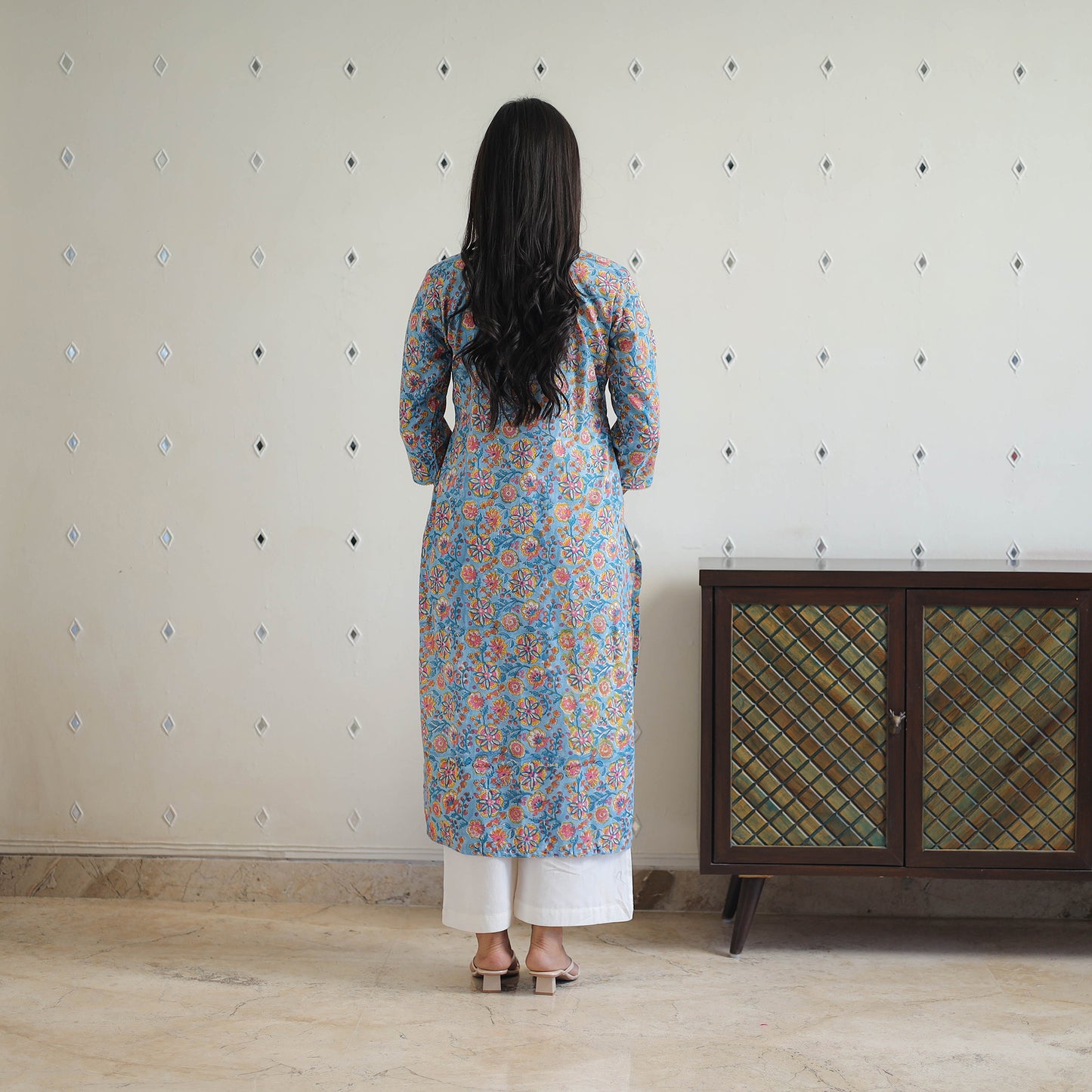 Blue Block Printed Cotton Gota Work Long Sanganeri Kurta for Women