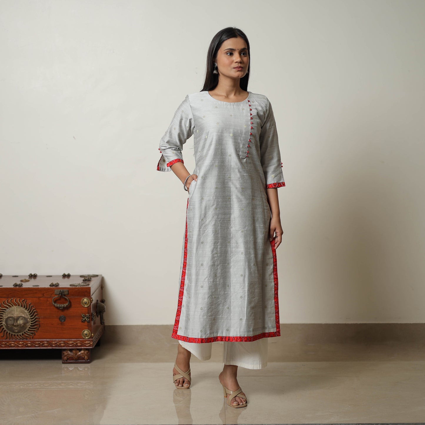 Grey - Polka Zari Butta Spun Dupion Silk Straight Plain Kurta 04