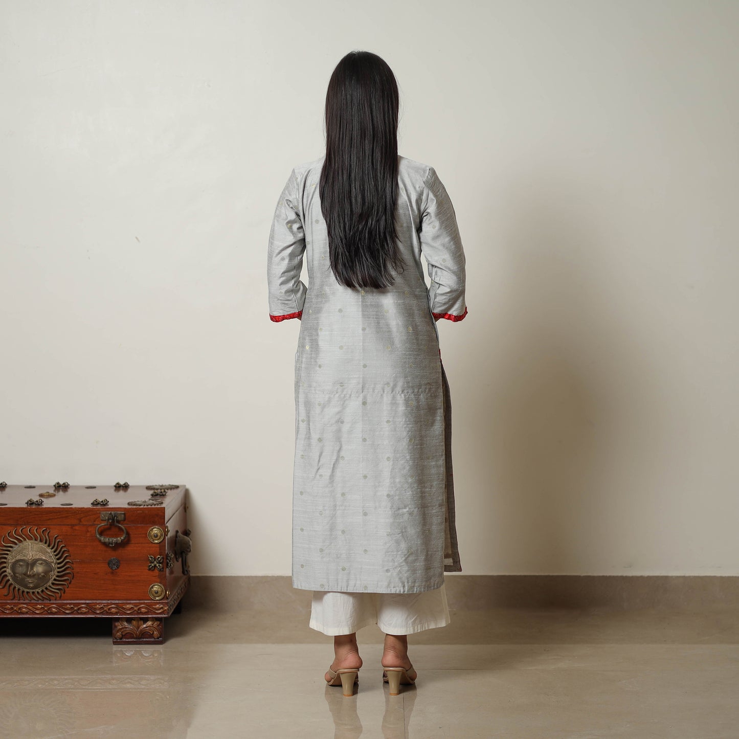 Grey - Polka Zari Butta Spun Dupion Silk Straight Plain Kurta 04