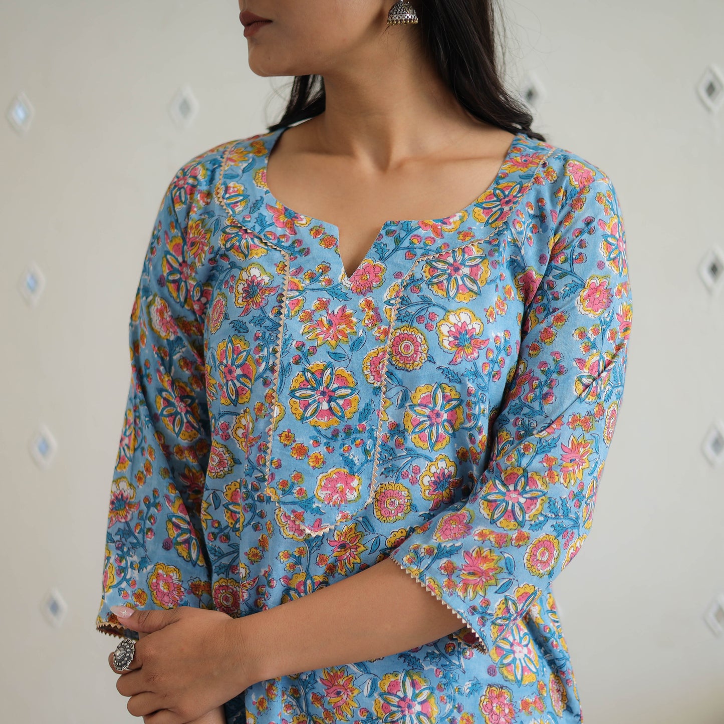 Blue Block Printed Cotton Gota Work Long Sanganeri Kurta for Women