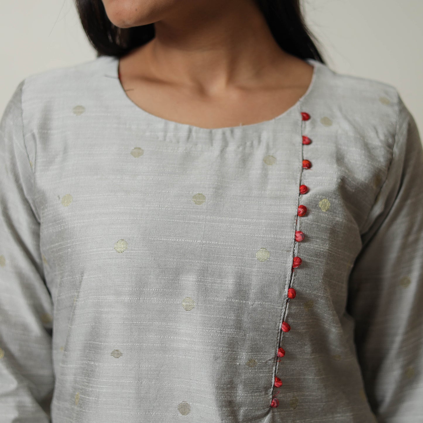 Grey - Polka Zari Butta Spun Dupion Silk Straight Plain Kurta 04