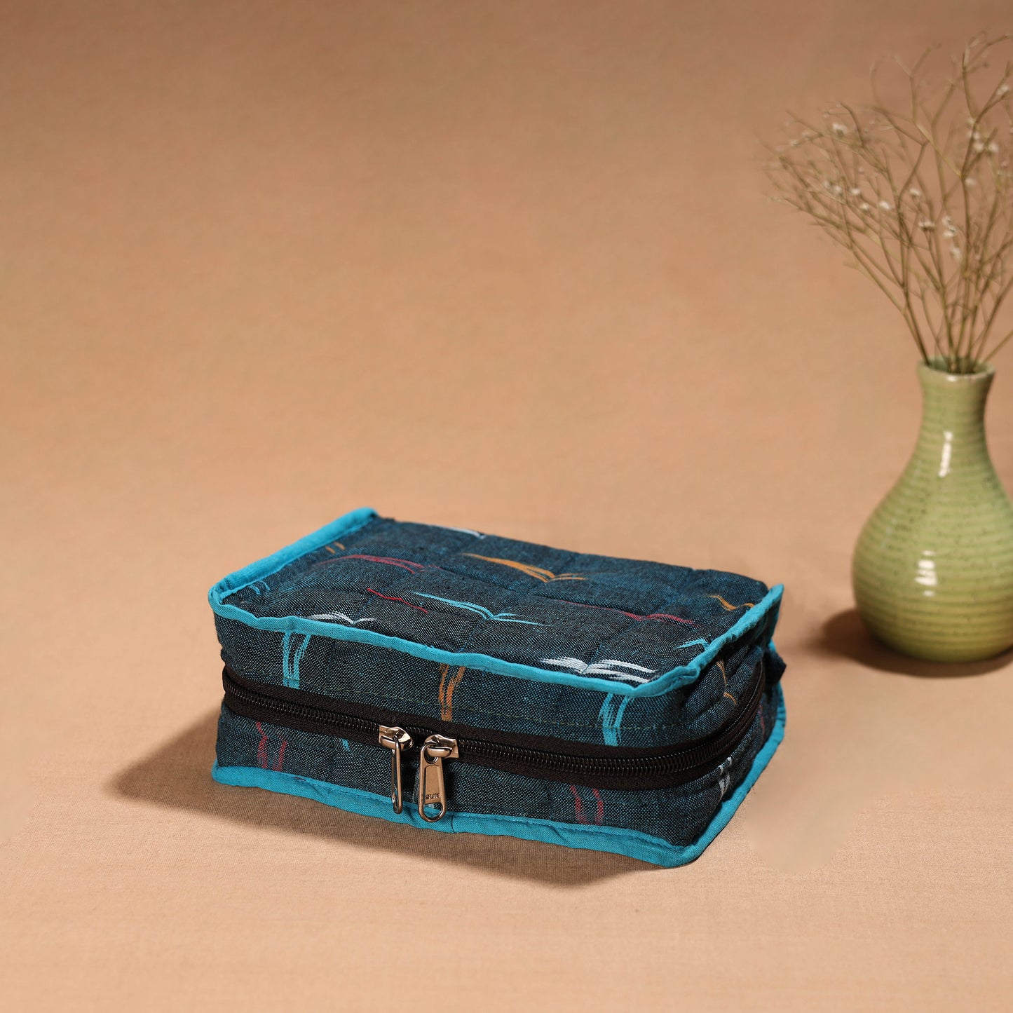 Blue Handmade 4 Pockets Cotton Jewellery Bag