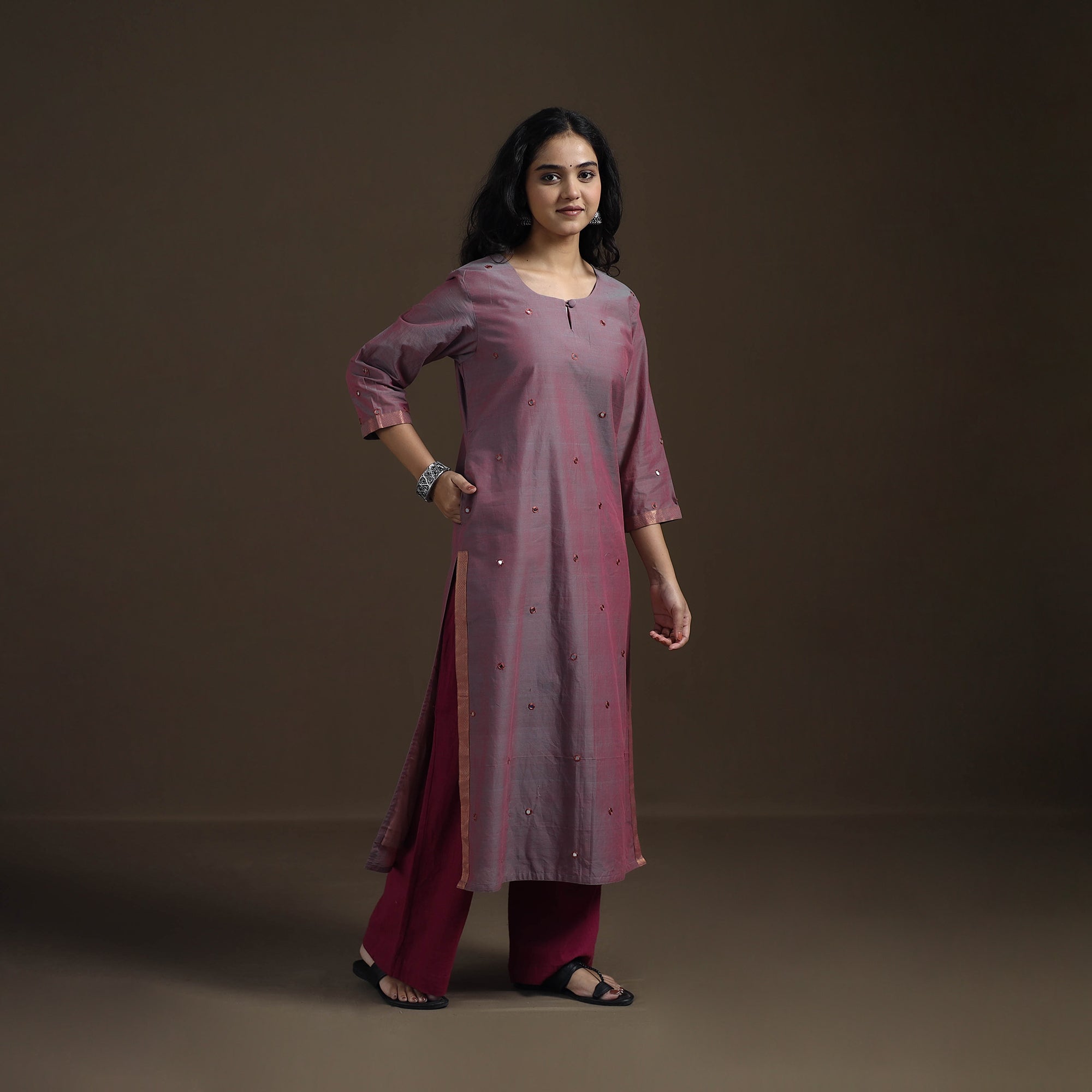 Purple - Mangalagiri Pure Handwoven Cotton Mirror Work Straight Long Kurta for women 06