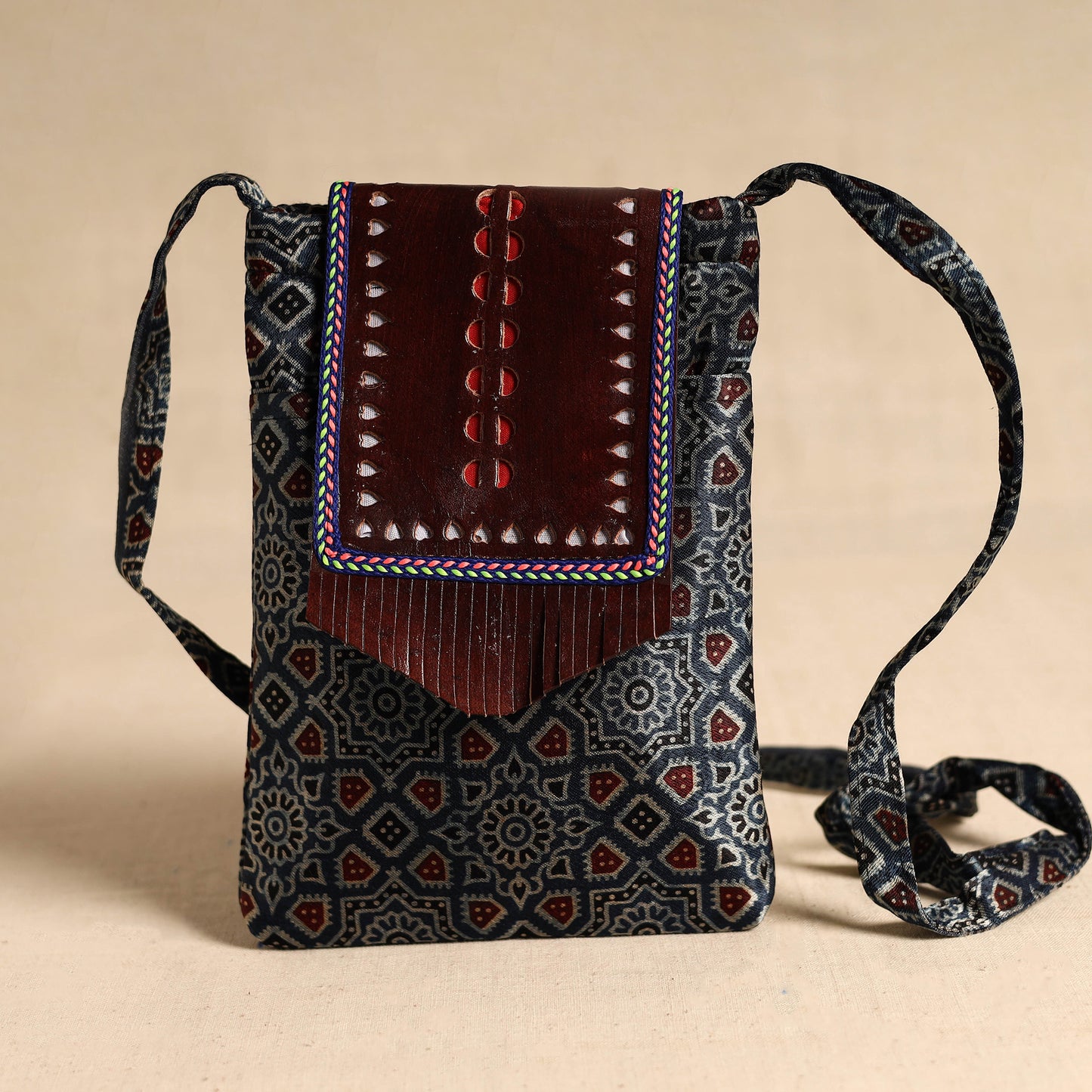 Traditional Kutch Mashru Silk Leather Flap Sling Bag 71