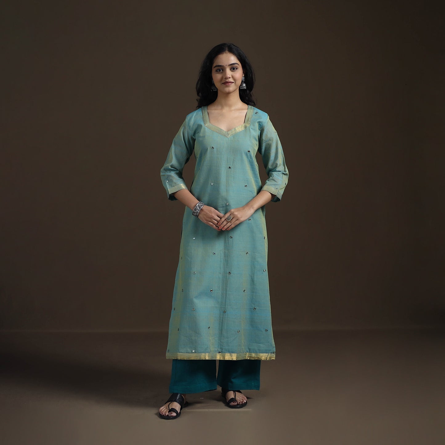 Mangalagiri Pure Handwoven Cotton Mirror Work Straight Kurta for women 01