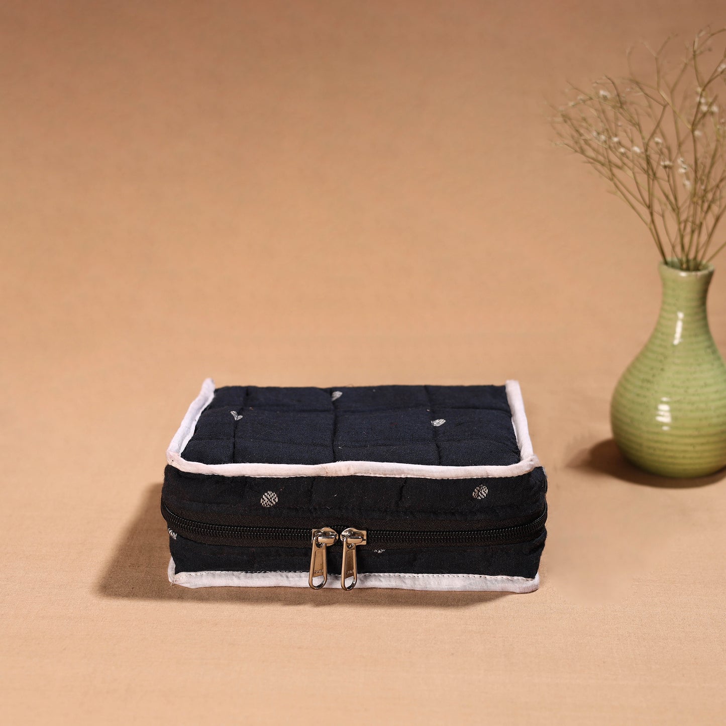 Black Handmade 4 Pockets Cotton Jewellery Bag