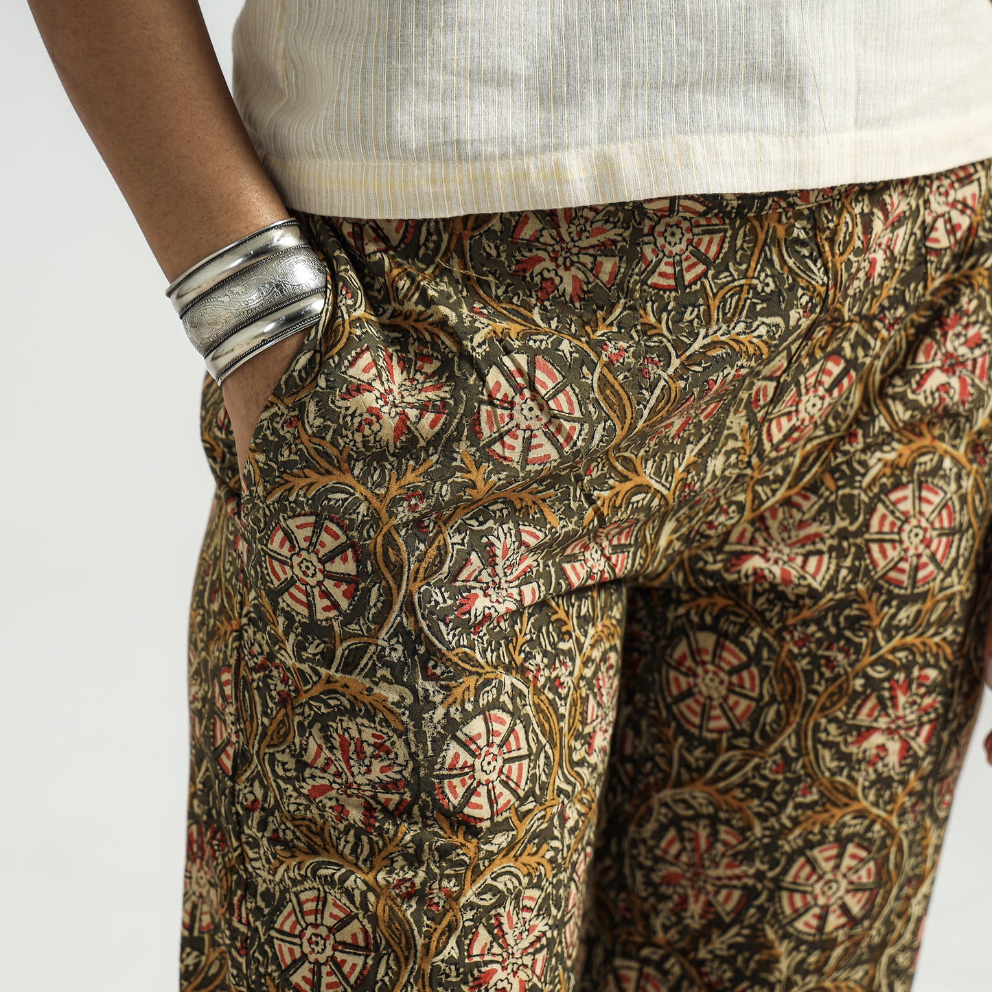 Green - Kalamkari Block Printed Cotton Elasticated Pant