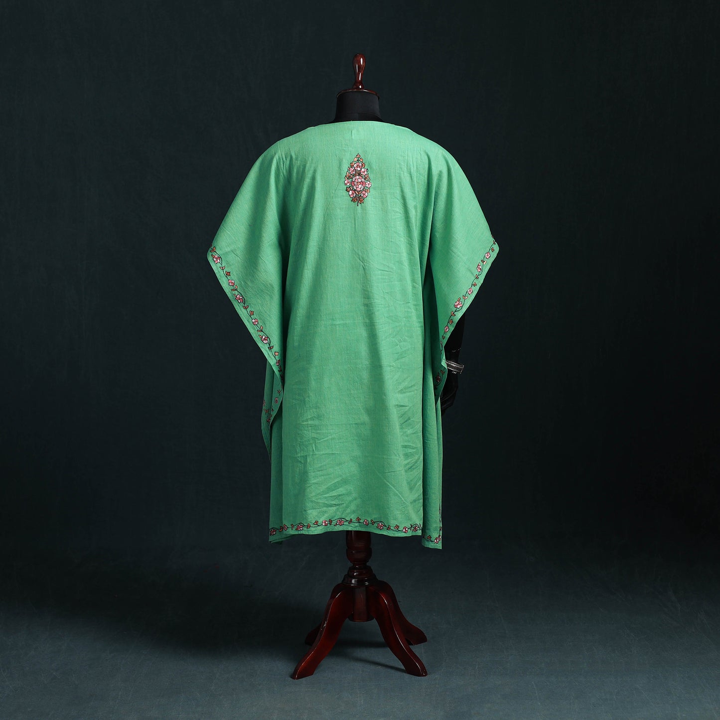 Green - Kashmiri Kashida Hand Embroidered Cotton Kaftan (Medium) 05