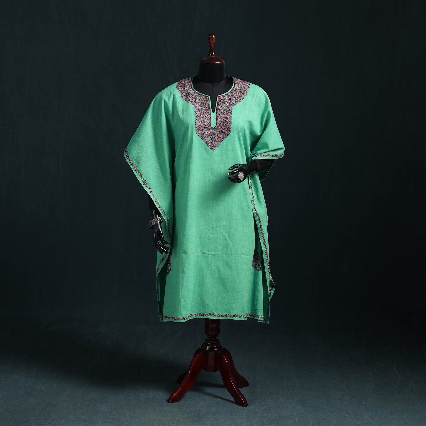 Green - Kashmiri Sozni Hand Embroidered Cotton Kaftan (Medium) 06