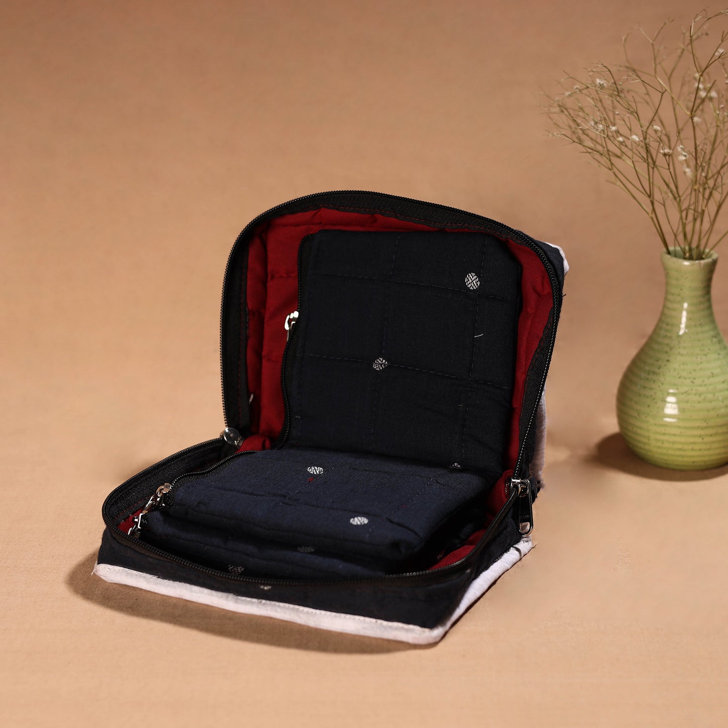 Black Handmade 4 Pockets Cotton Jewellery Bag