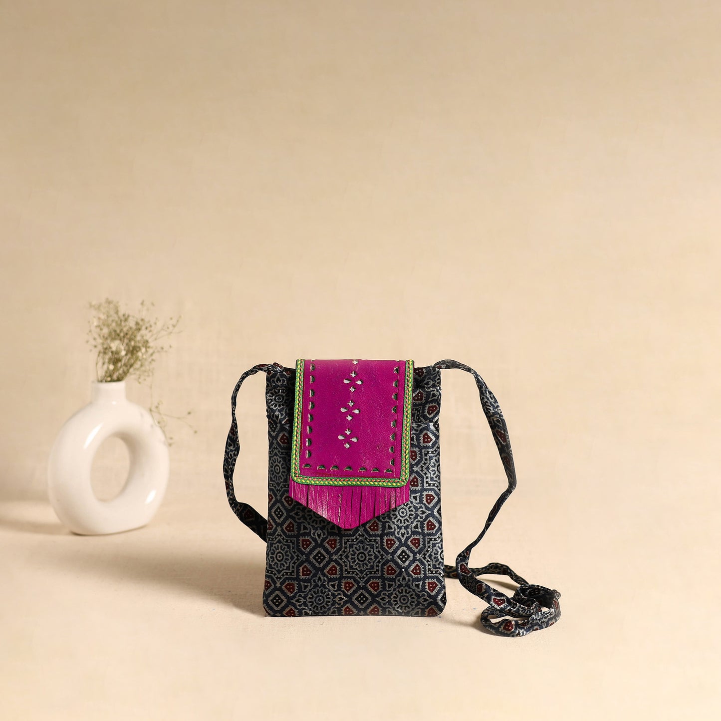 Traditional Kutch Mashru Silk Leather Flap Sling Bag 73