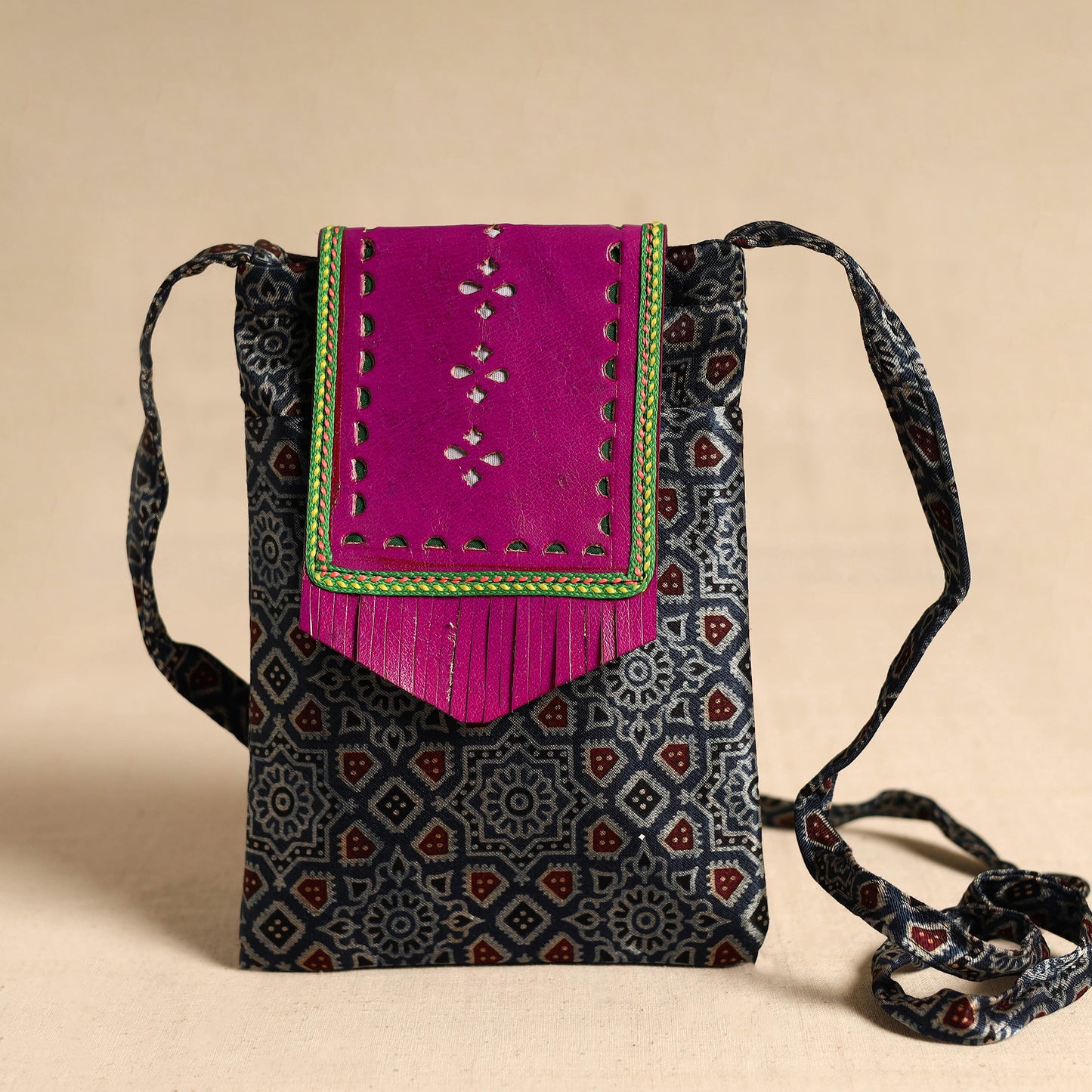 Traditional Kutch Mashru Silk Leather Flap Sling Bag 73