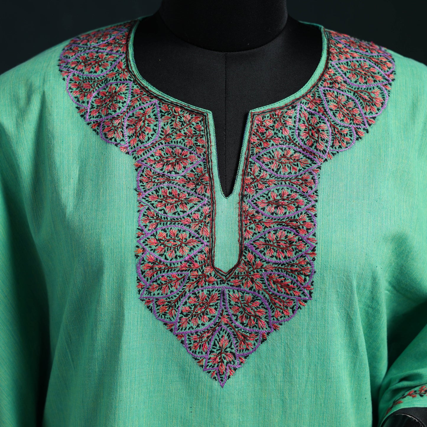 Green - Kashmiri Sozni Hand Embroidered Cotton Kaftan (Medium) 06