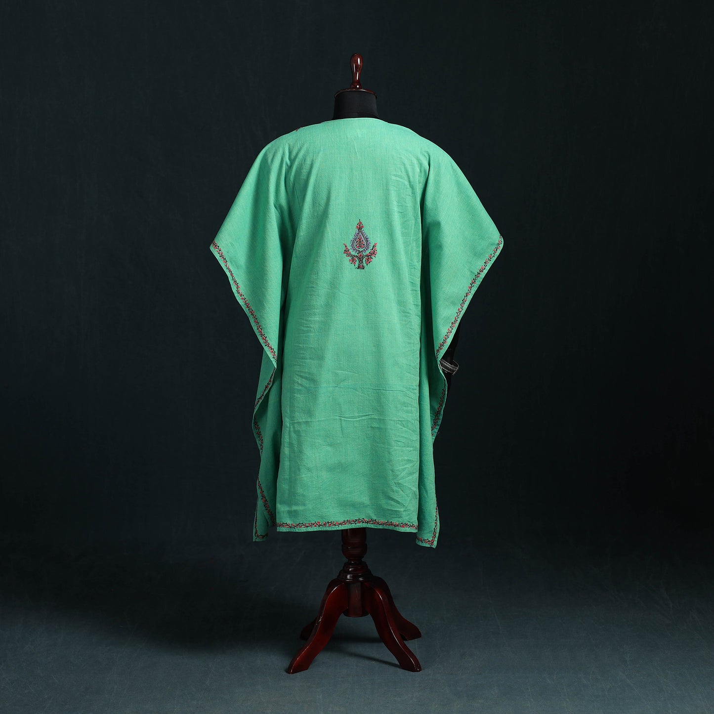 Green - Kashmiri Sozni Hand Embroidered Cotton Kaftan (Medium) 06