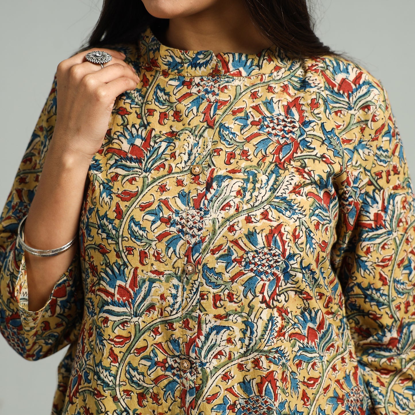 Buy Block Print Cotton A-Line Yellow Kalamkari Kurta for Women