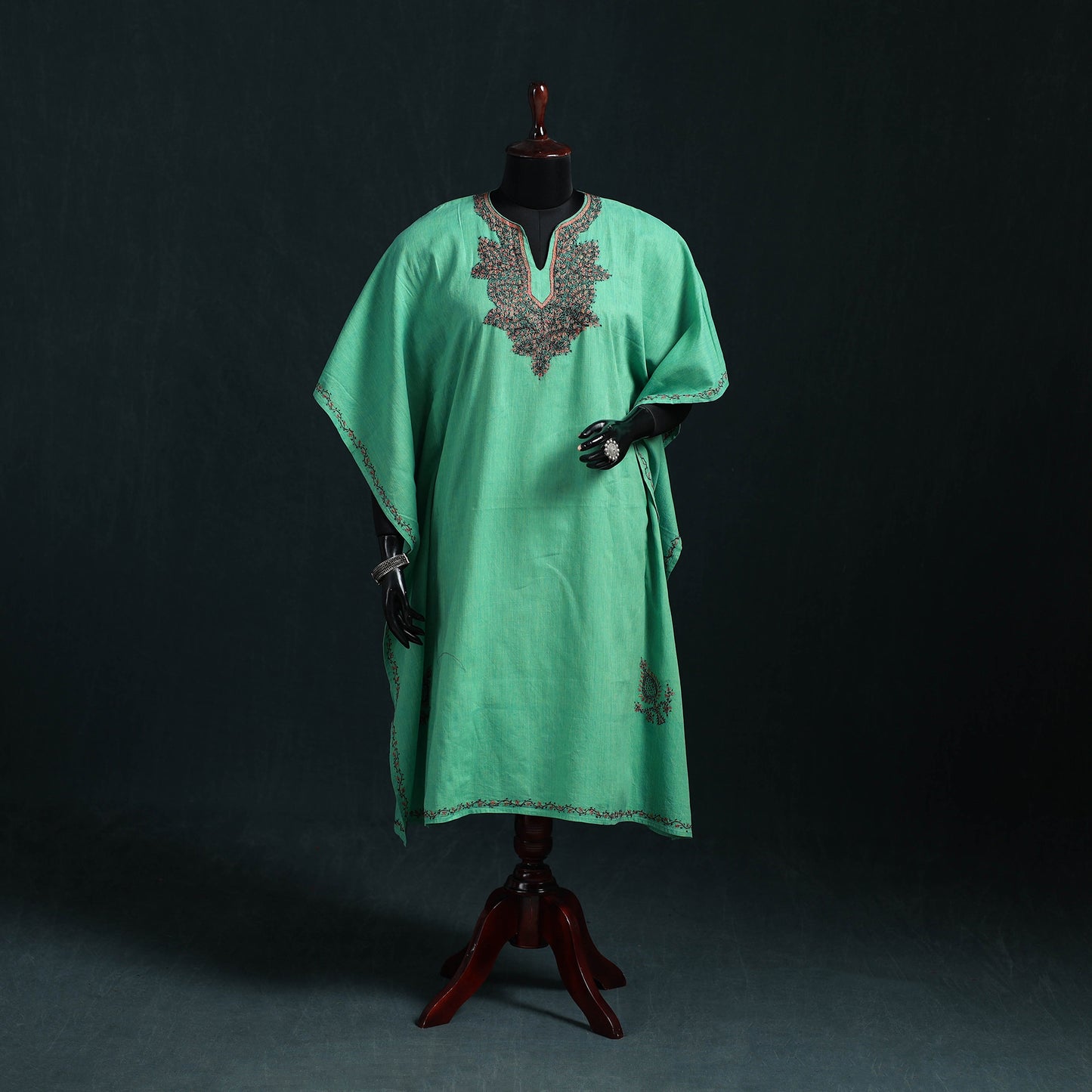 Green - Kashmiri Sozni Hand Embroidered Cotton Kaftan (Medium) 07