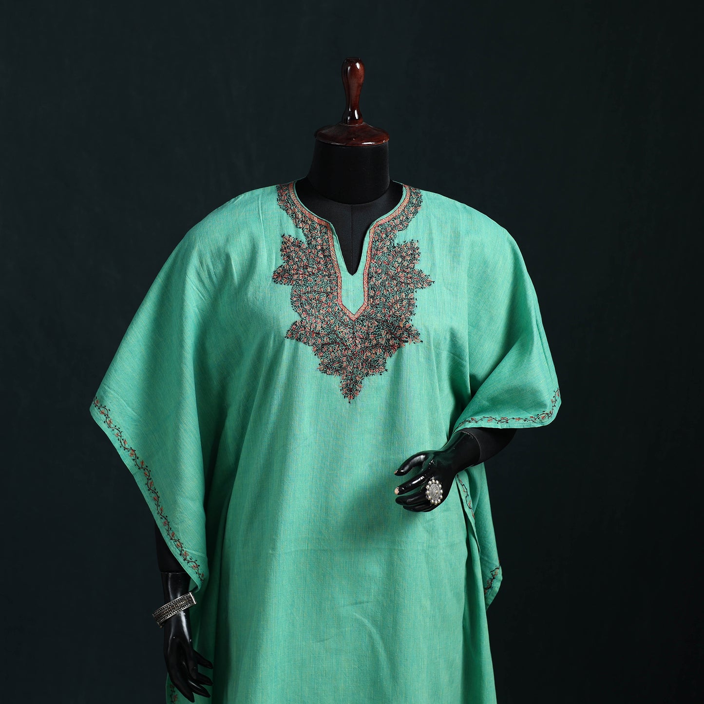 Green - Kashmiri Sozni Hand Embroidered Cotton Kaftan (Medium) 07