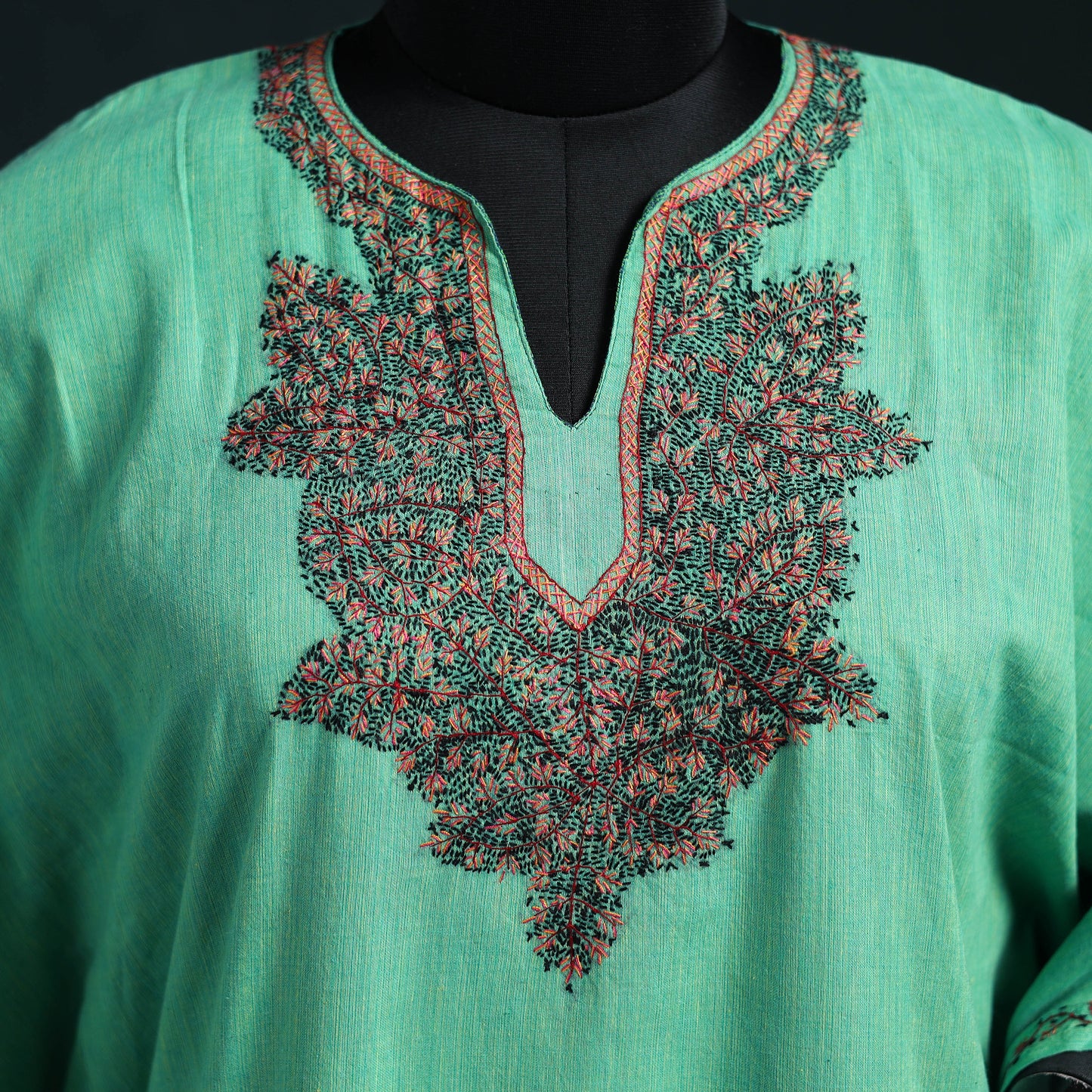Green - Kashmiri Sozni Hand Embroidered Cotton Kaftan (Medium) 07