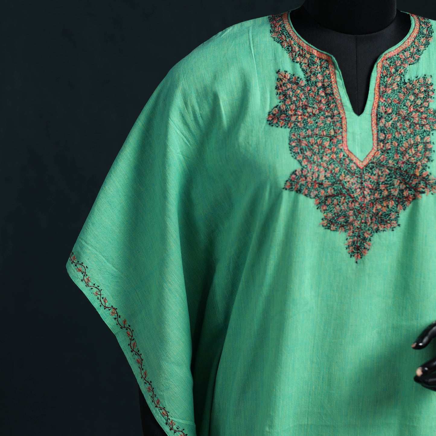 Green - Kashmiri Sozni Hand Embroidered Cotton Kaftan (Medium) 07