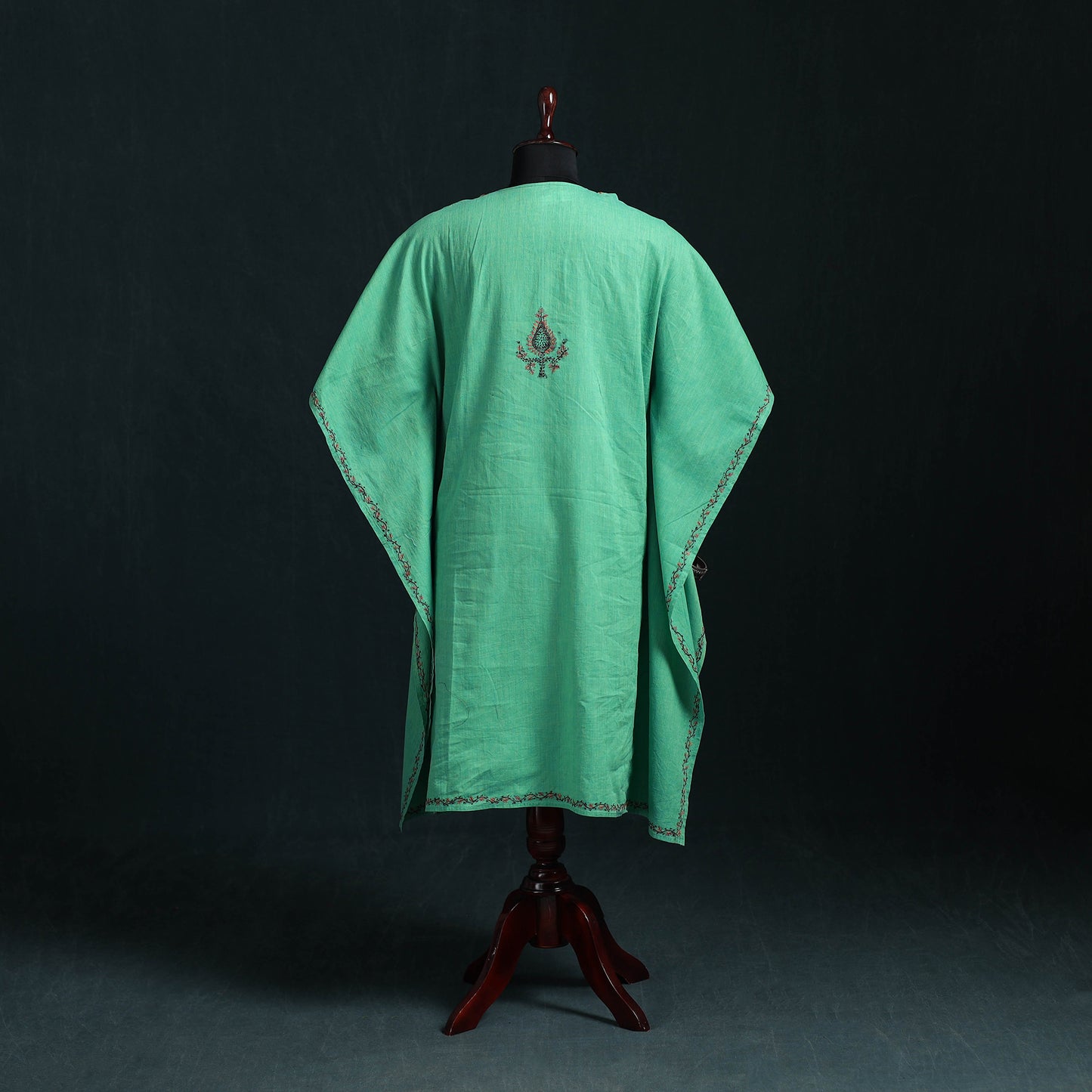 Green - Kashmiri Sozni Hand Embroidered Cotton Kaftan (Medium) 07