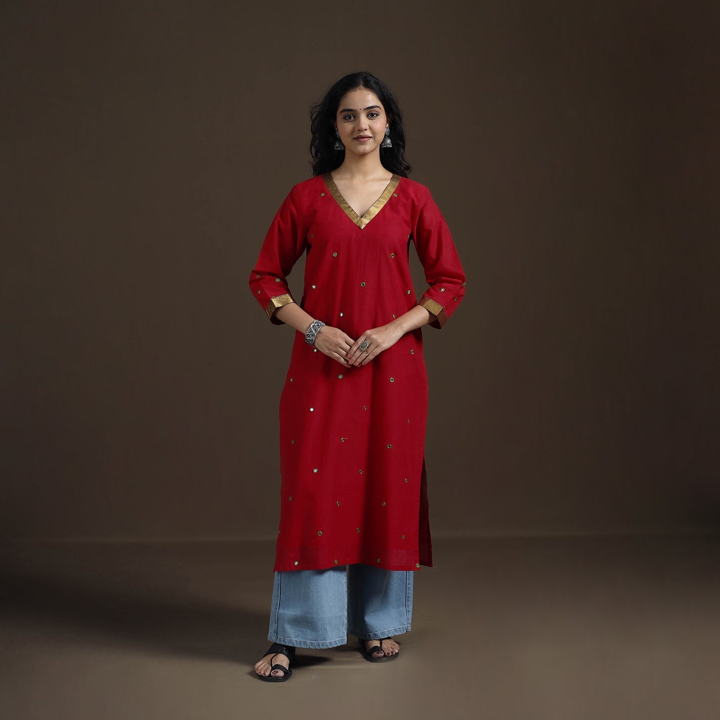 Mangalagiri Pure Handwoven Cotton Mirror Work Straight Kurta for women 22