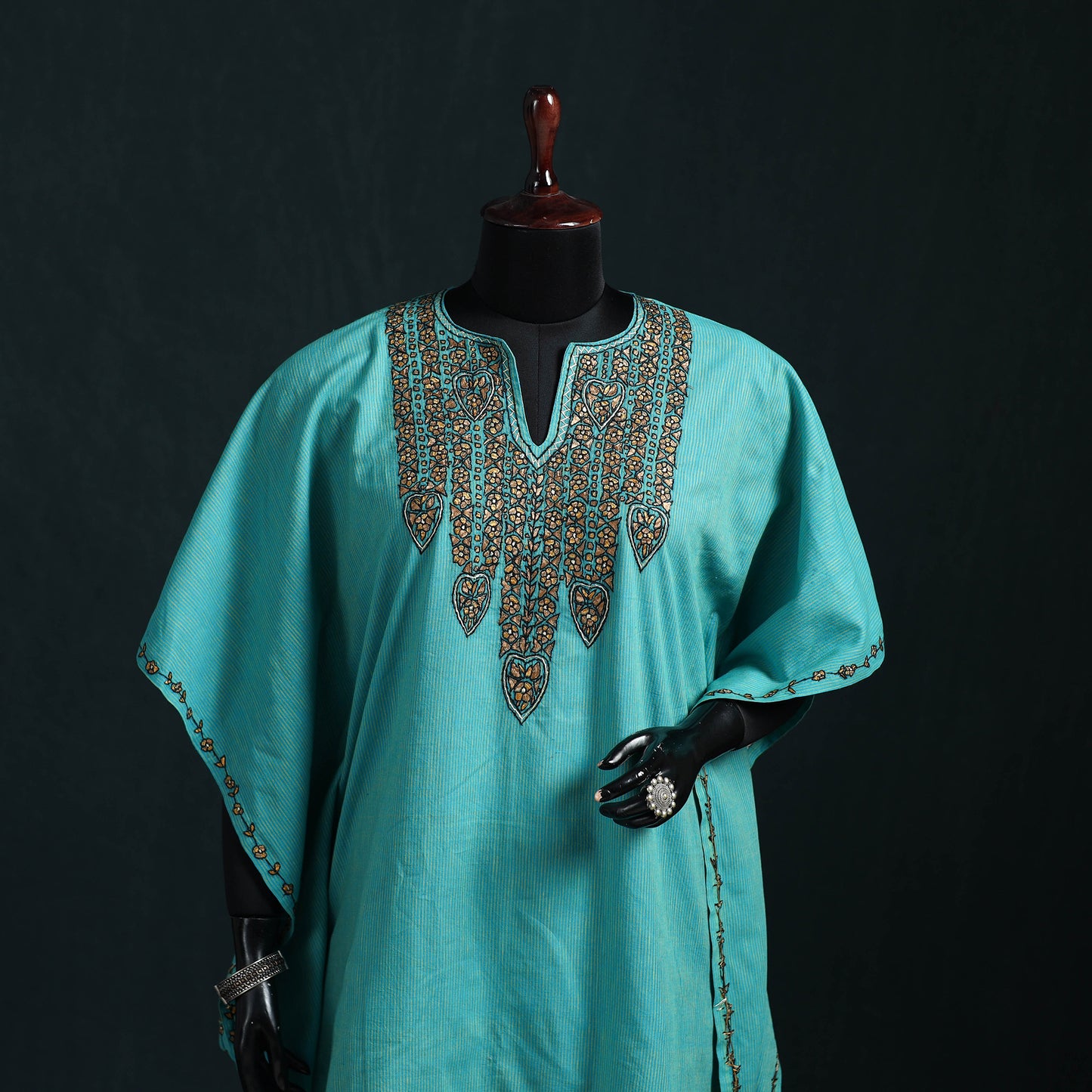 Blue - Kashmiri Kashida Hand Embroidered Cotton Kaftan (Medium) 08