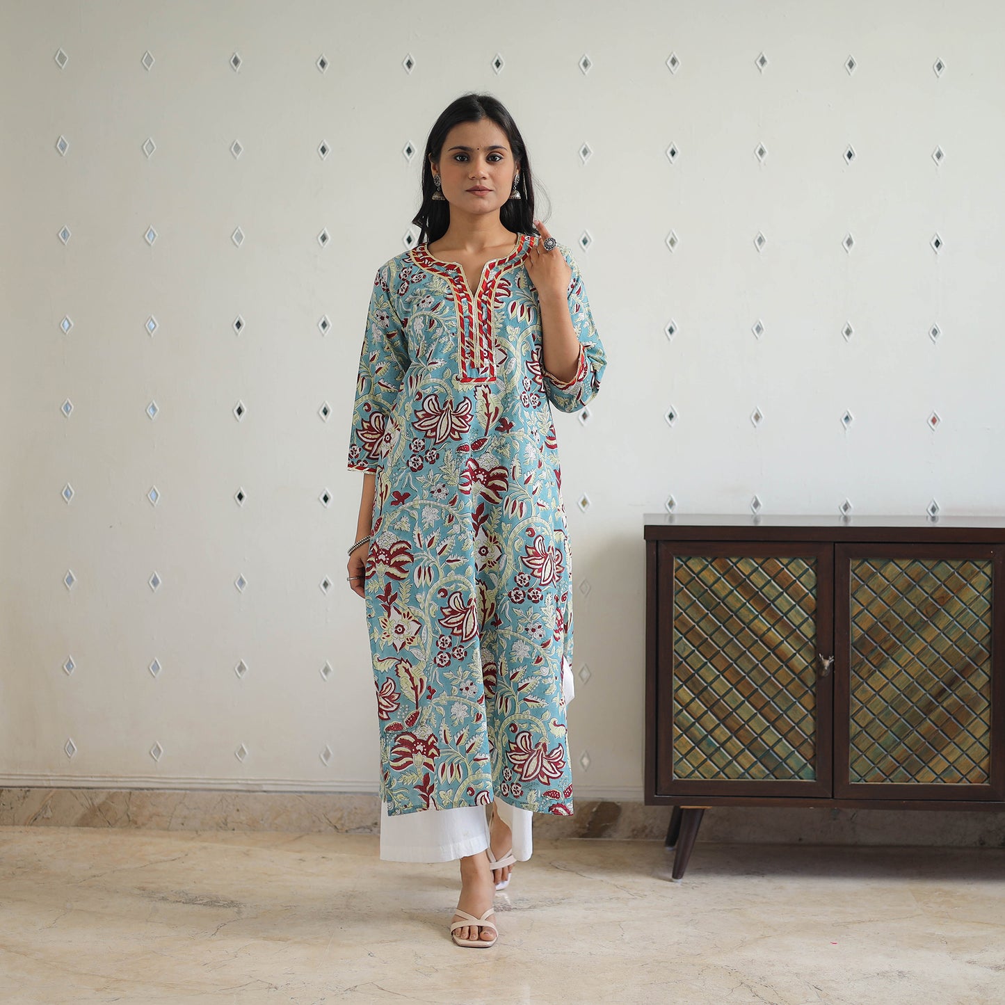 Blue Block Printed Cotton Gota Work Long Sanganeri Kurta