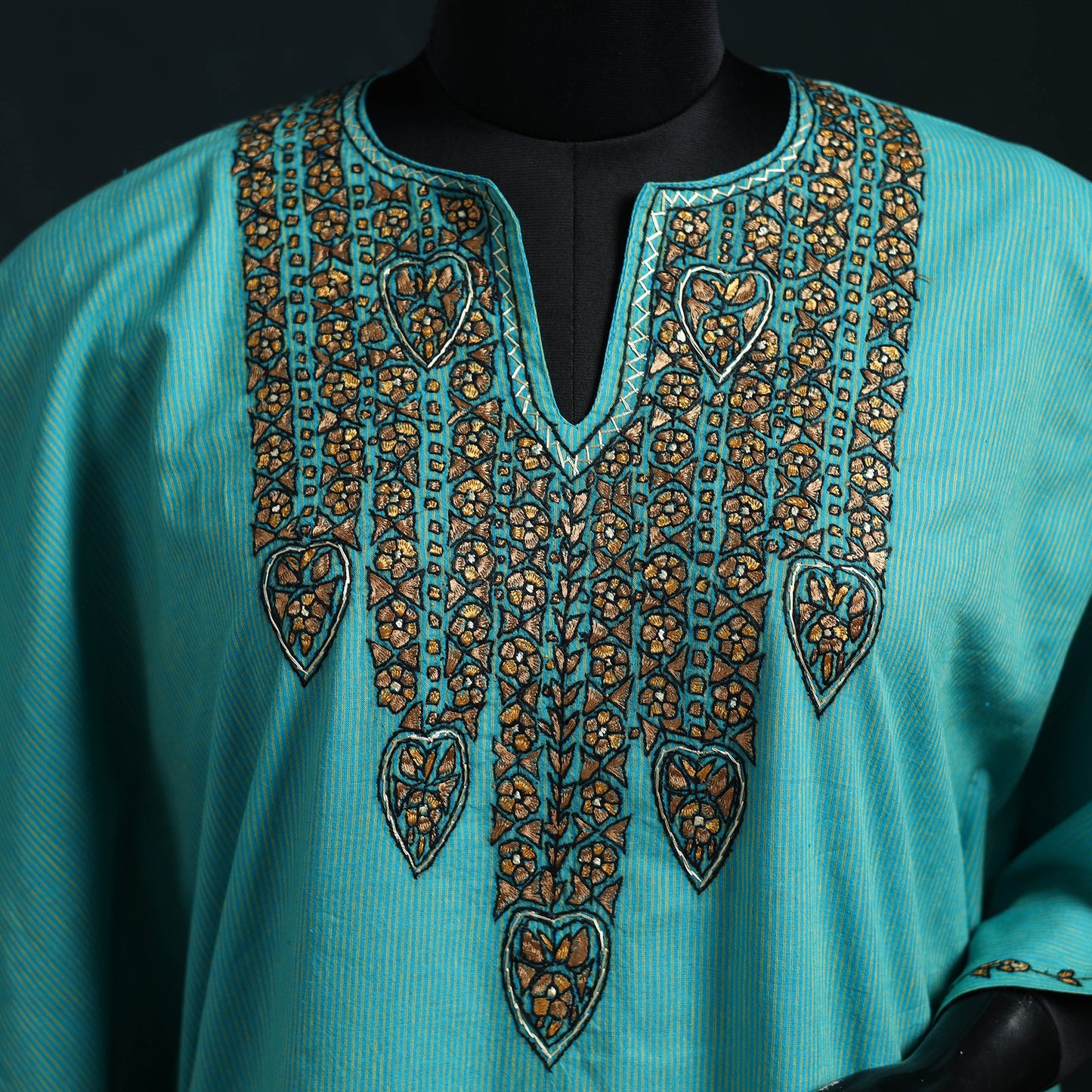 Blue - Kashmiri Kashida Hand Embroidered Cotton Kaftan (Medium) 08