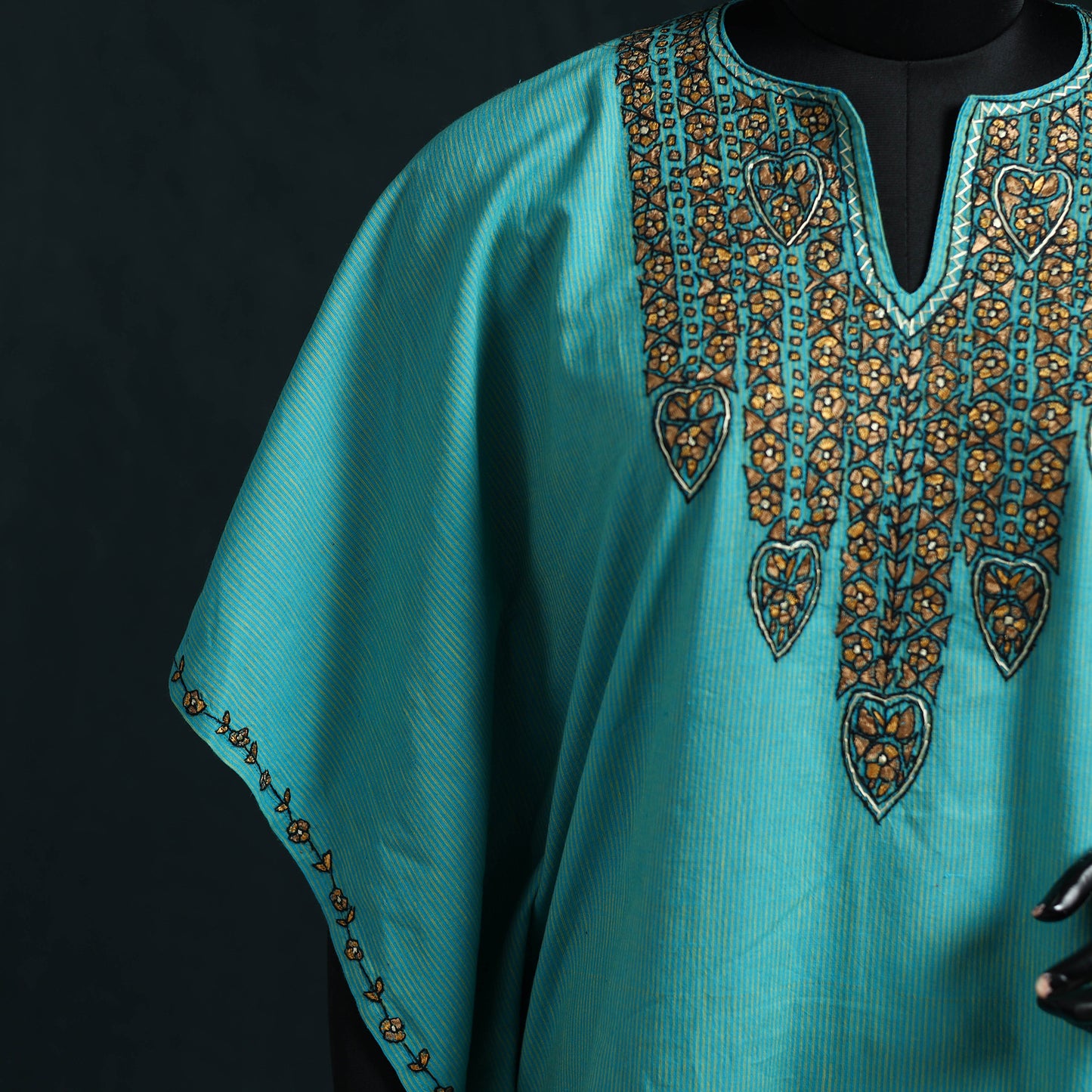 Blue - Kashmiri Kashida Hand Embroidered Cotton Kaftan (Medium) 08