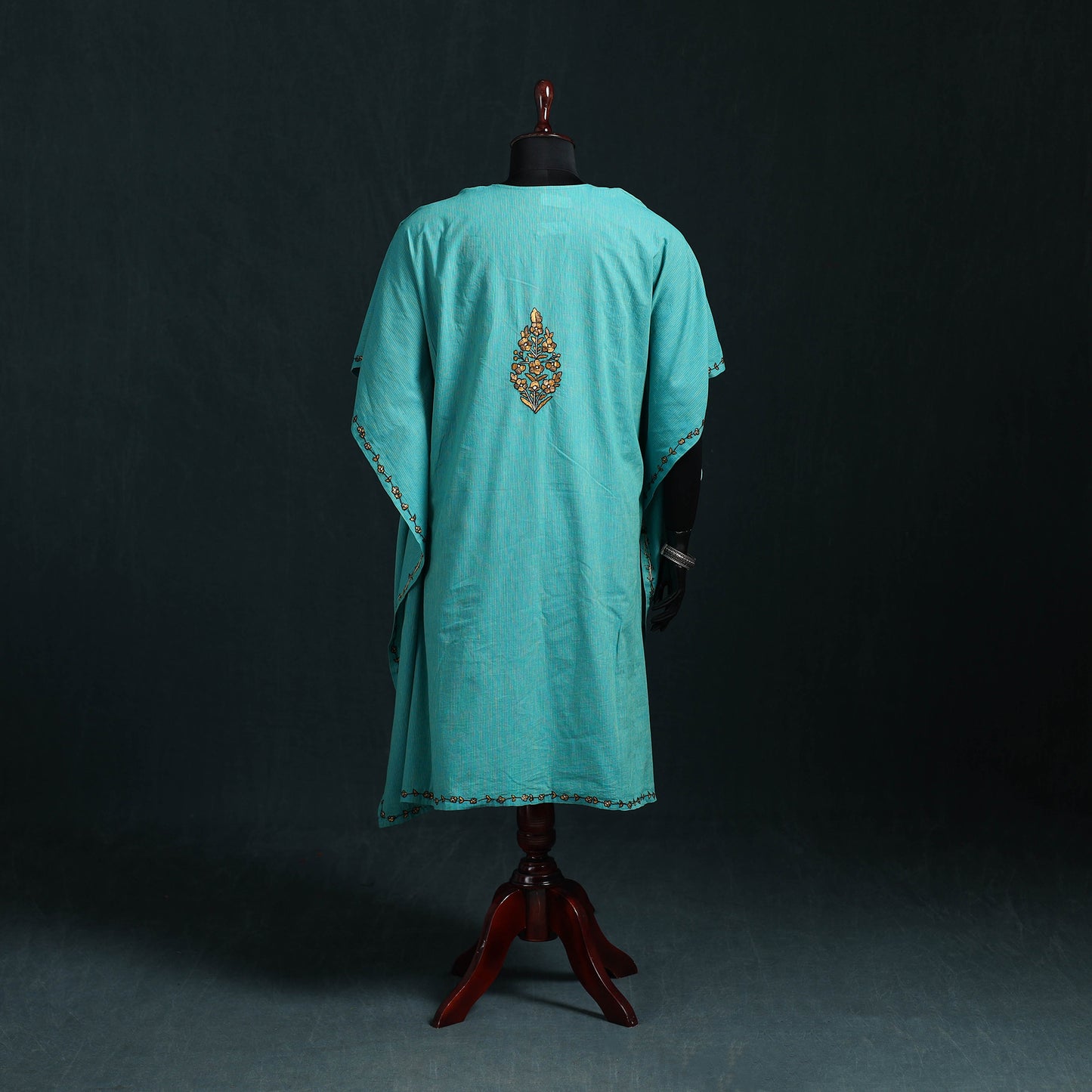 Blue - Kashmiri Kashida Hand Embroidered Cotton Kaftan (Medium) 08