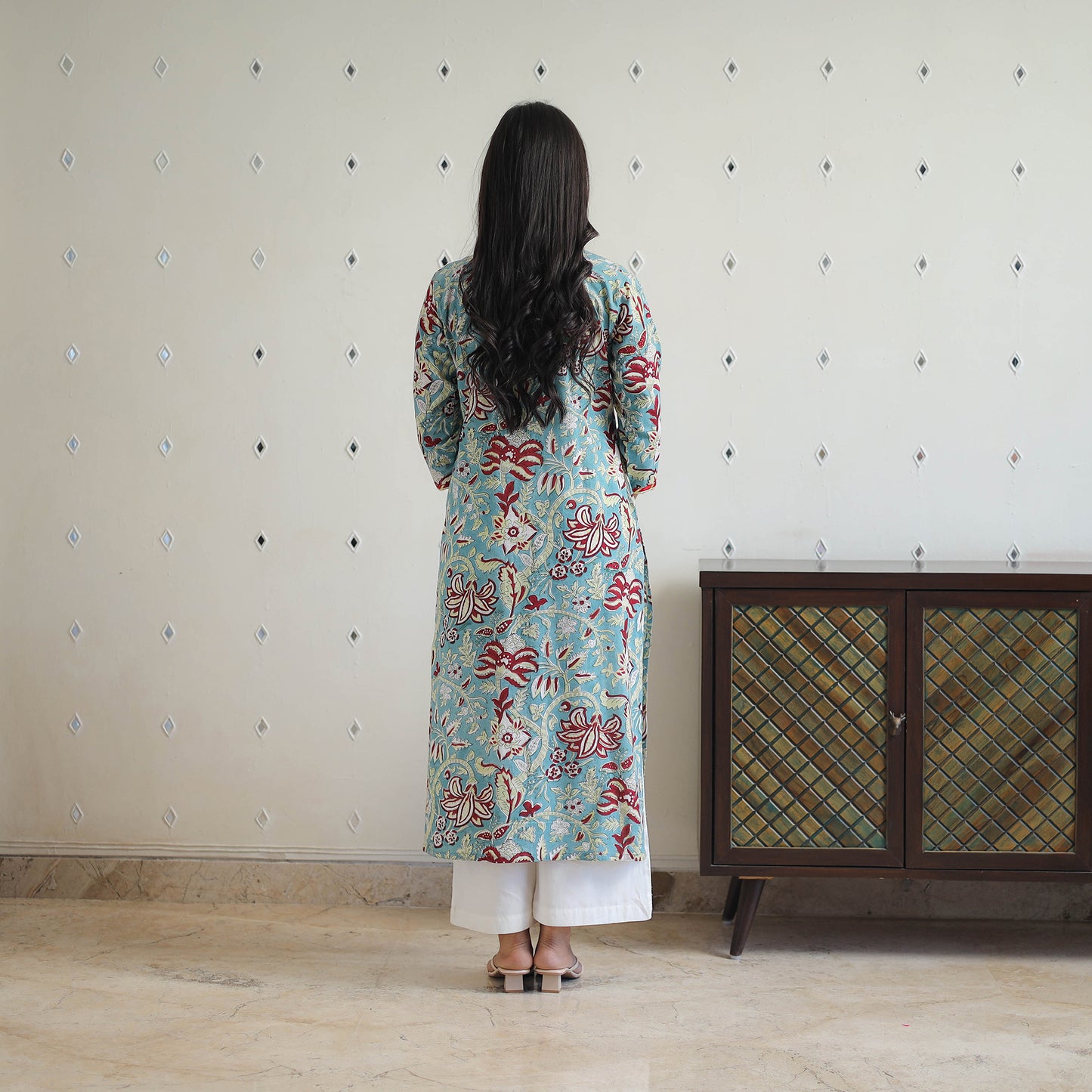 Blue Block Printed Cotton Gota Work Long Sanganeri Kurta