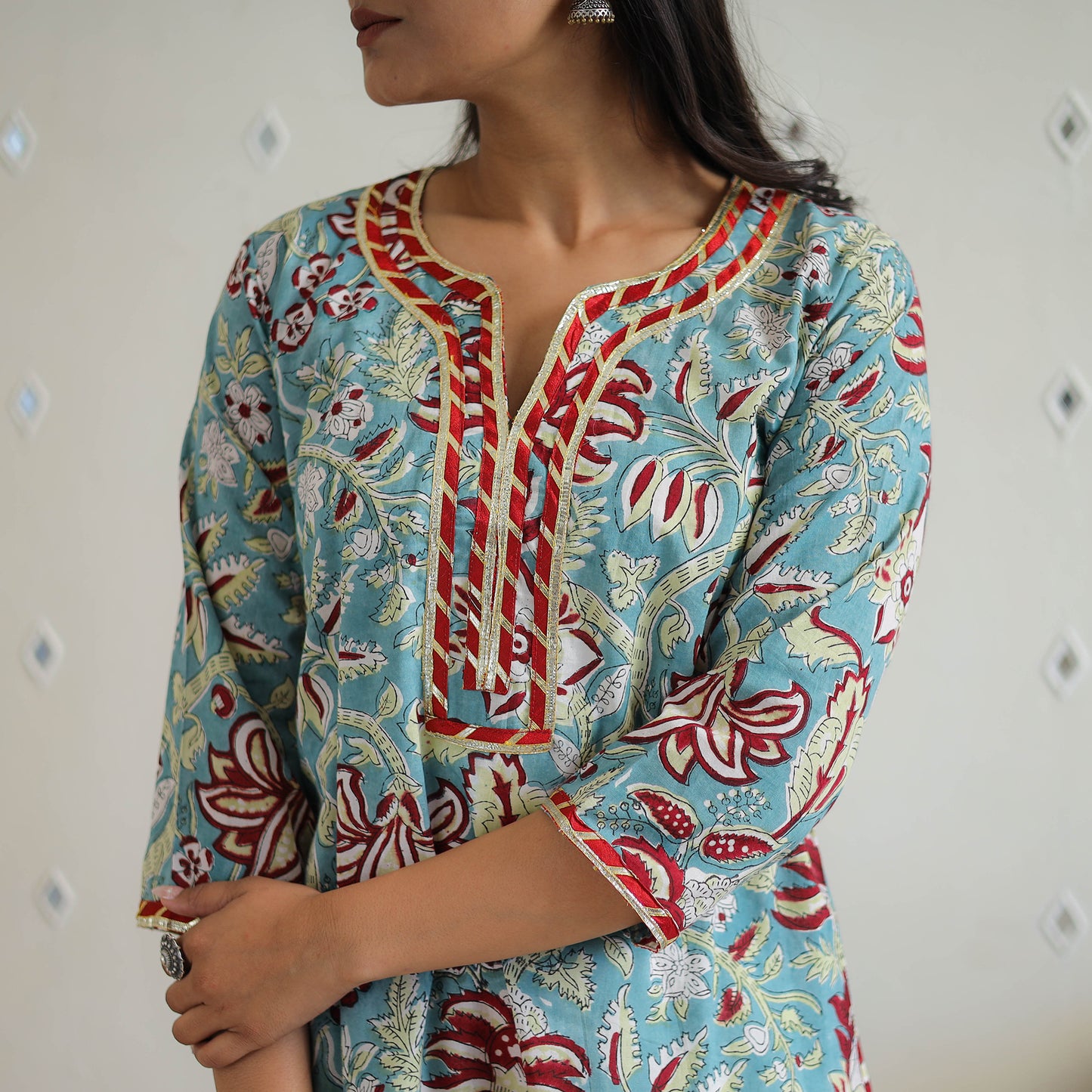 Blue Block Printed Cotton Gota Work Long Sanganeri Kurta